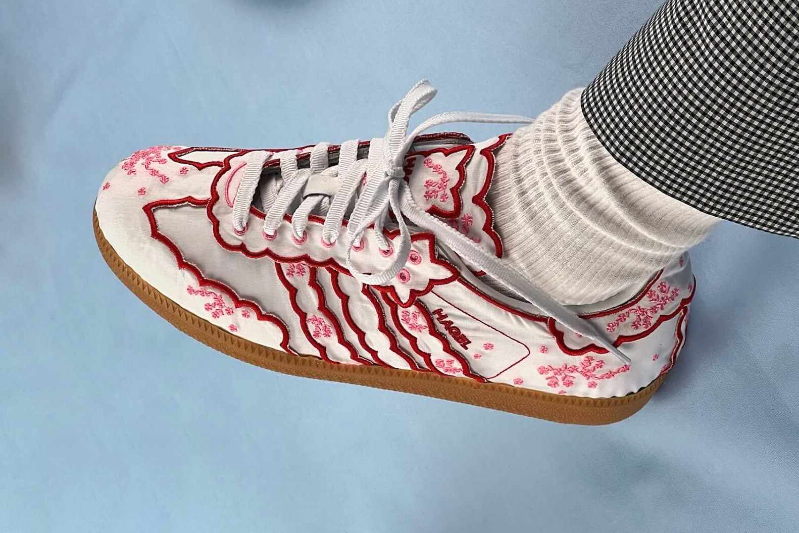 Studio Hagel's embroidered "Napkin" adidas Samba sneaker in cream and red