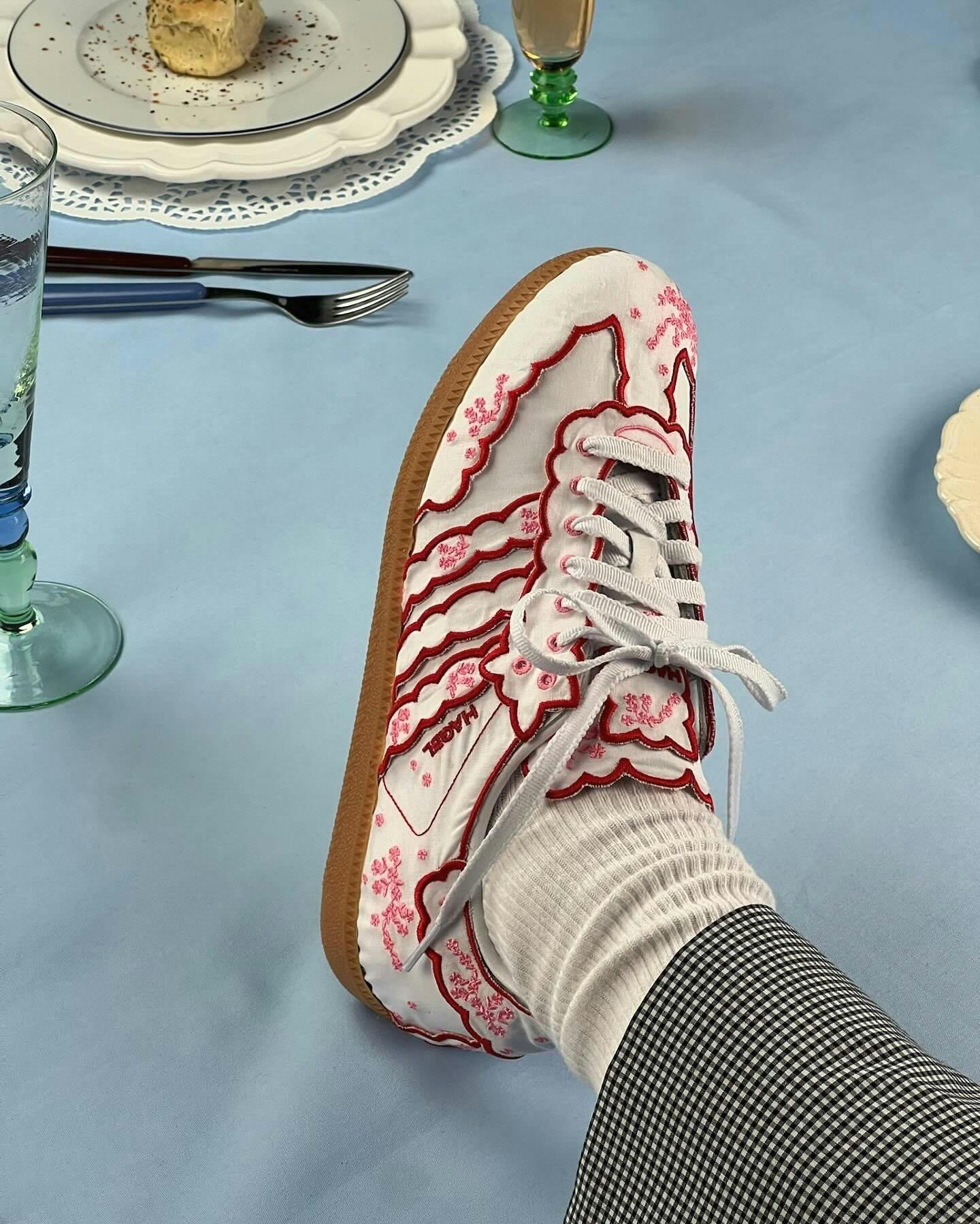 Studio Hagel's embroidered "Napkin" adidas Samba sneaker in cream and red