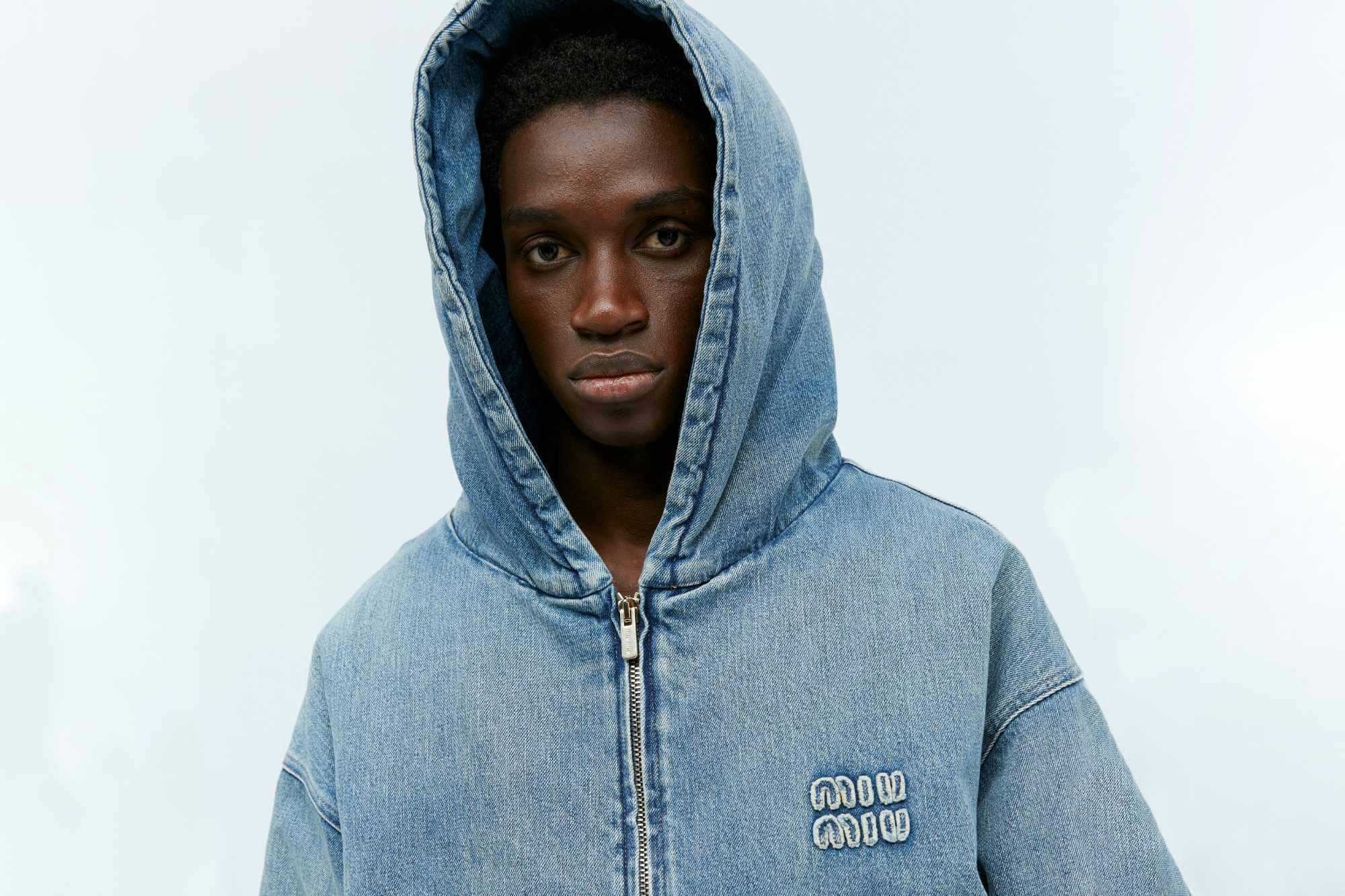 Miu Miu's menswear collection, including a denim jacket & hoodie