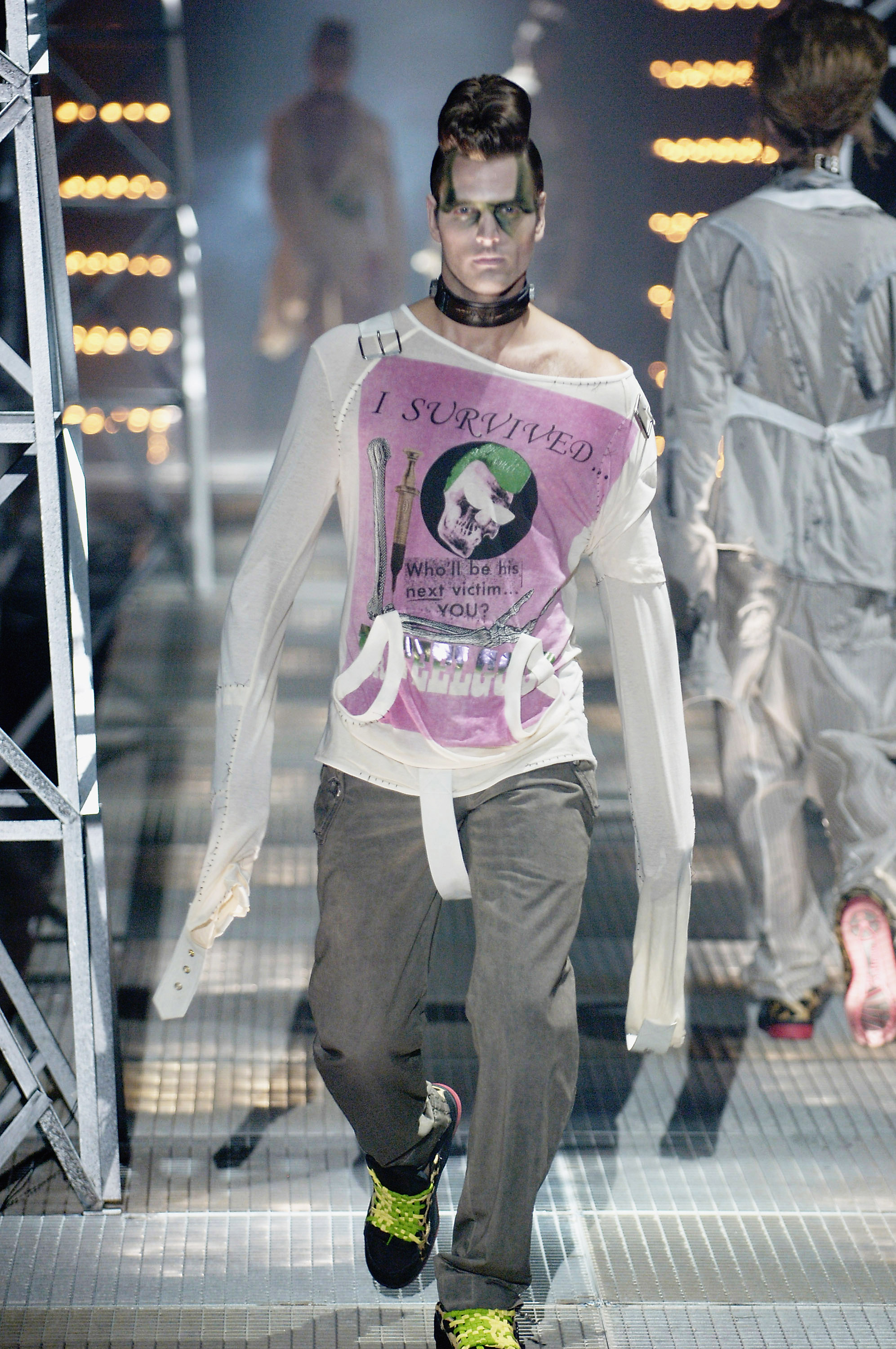 A model walks down the runway at the John Galliano show as part of Paris menswear Spring/Summer 2007 collections.