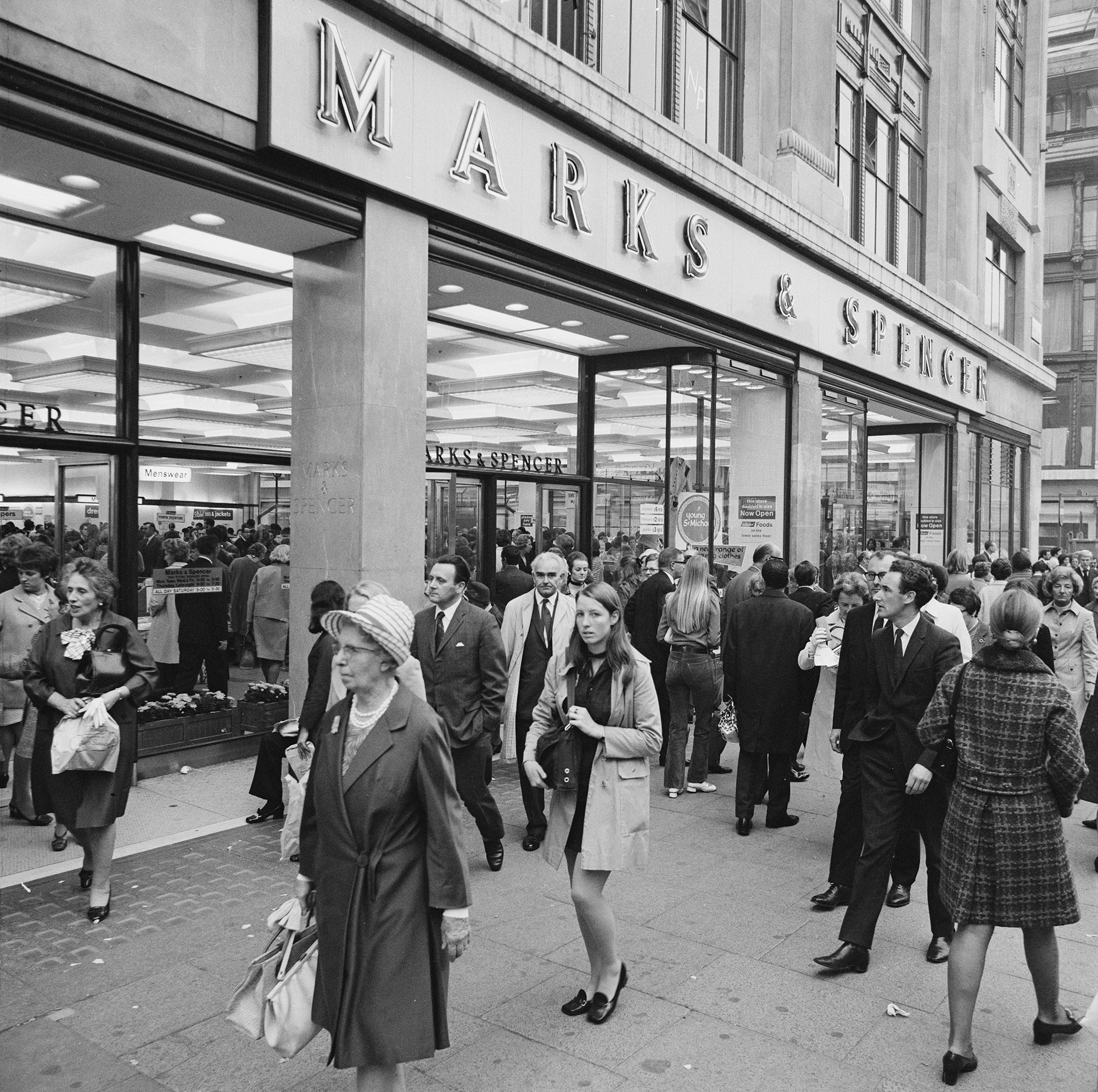 Pedestrians outside the newly expanded Marks & Spencer on Oxford Street, October 14, 1970.