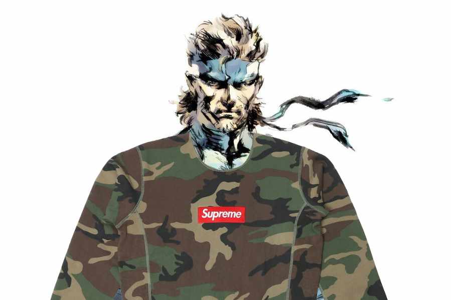 Metal Gear Solid protagonist Solid Snake wearing a Supreme Box Logo sweater