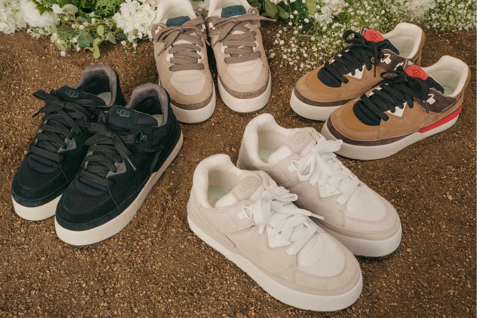 UGG's Goldencush sneaker collection in beige, brown, black, and white suede colorways