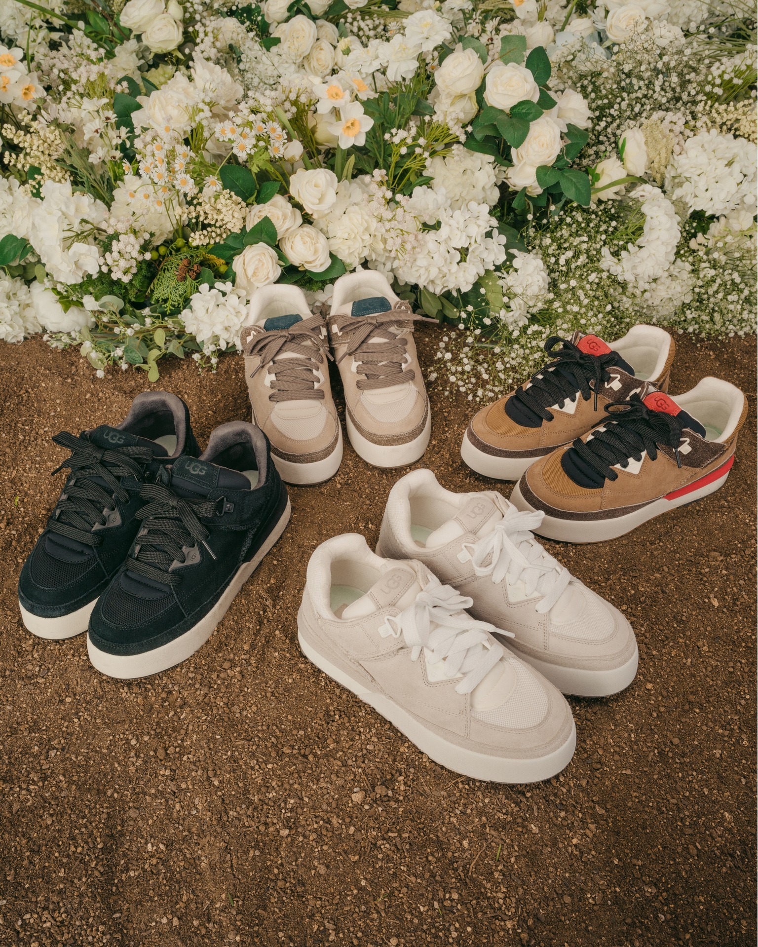 UGG's Goldencush sneaker collection in beige, brown, black, and white suede colorways