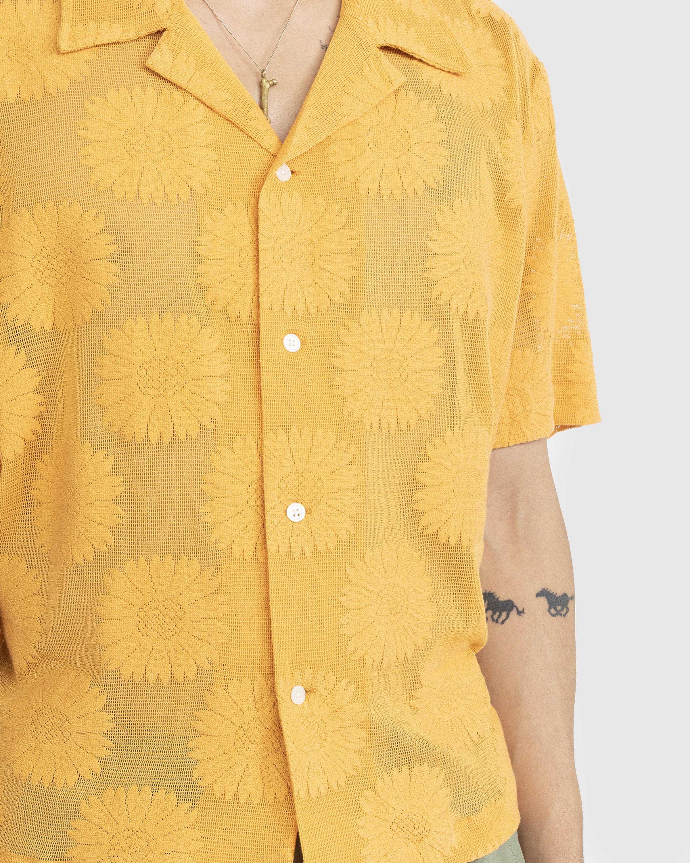 Bode - Sunflower Lace Shortsleeve Shirt - Clothing - Yellow - Image 4