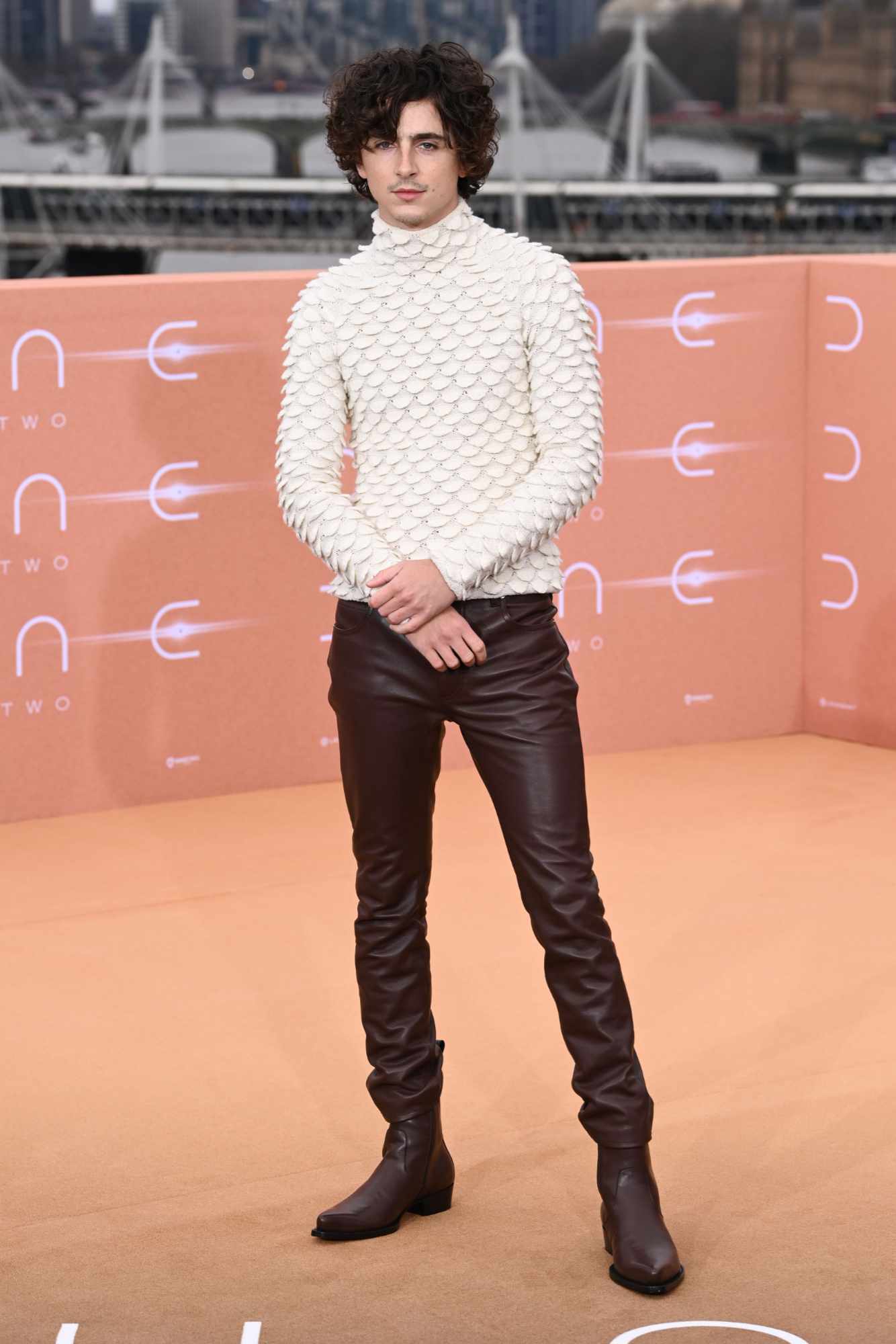Timothée Chalamet wears Bottega Veneta's white fish scale sweater and slim black leather pants on the Dune 2 red carpet