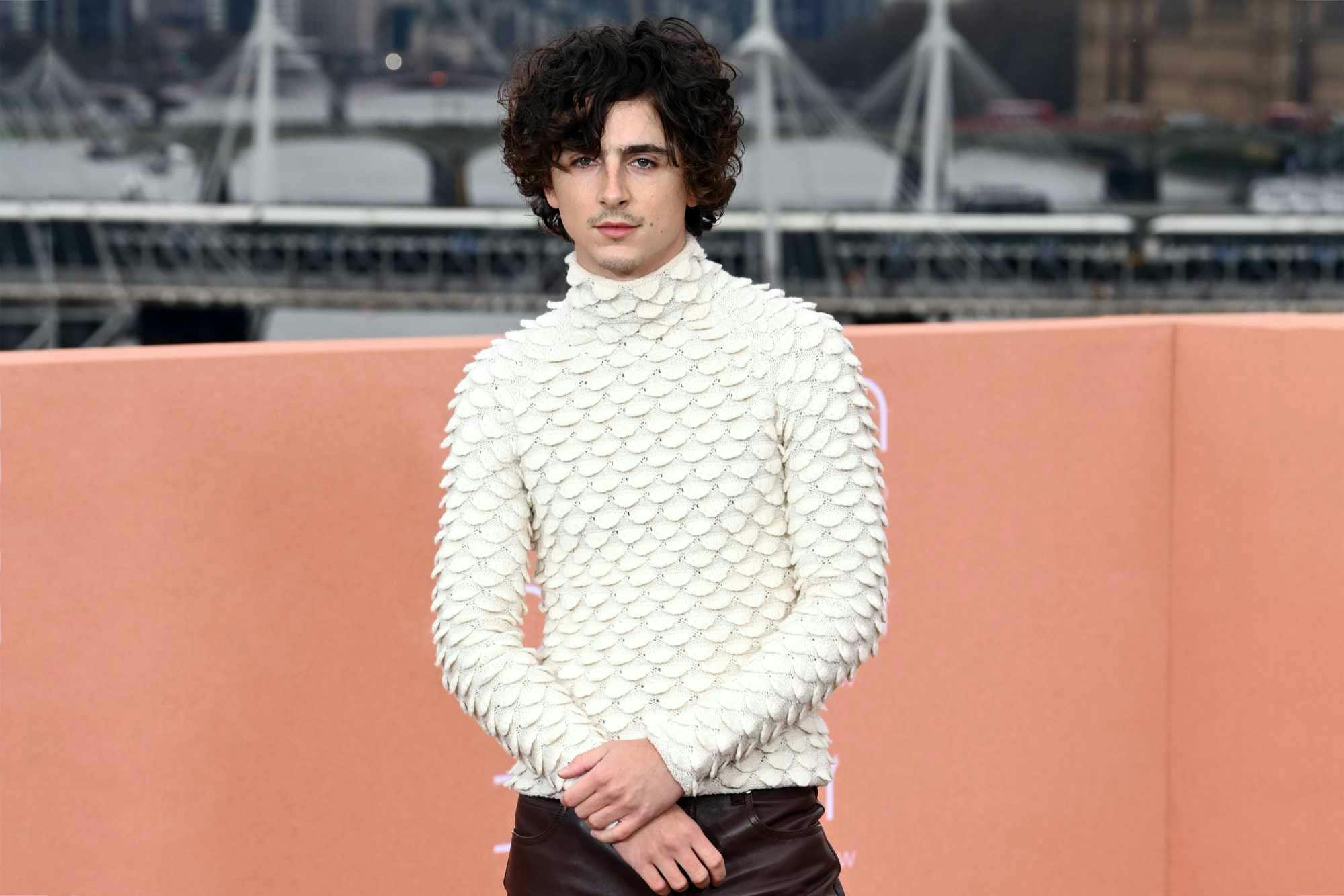 Timothée Chalamet wears Bottega Veneta's white fish scale sweater and slim black leather pants on the Dune 2 red carpet