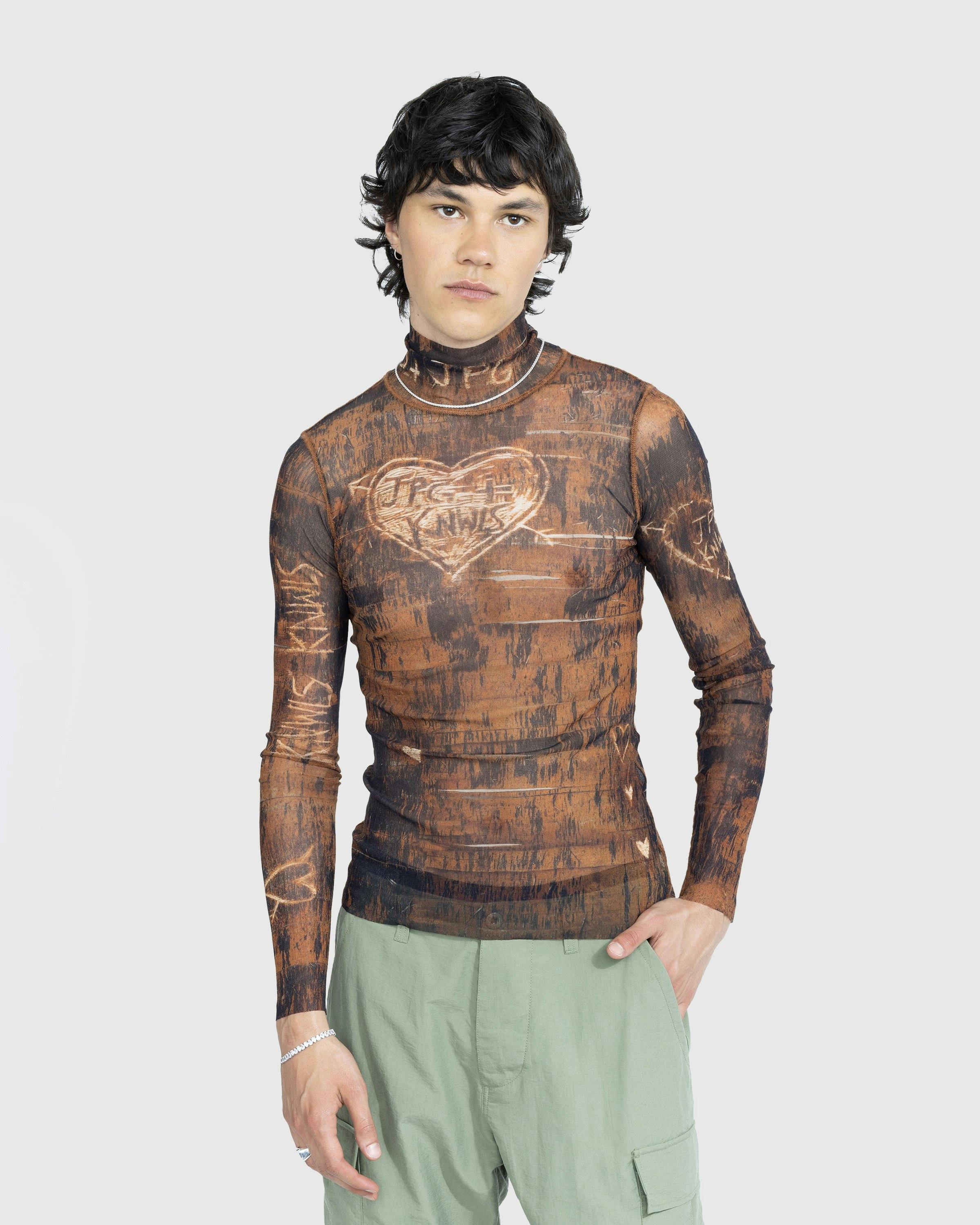 Jean Paul Gaultier - High Neck Longsleeve Printed Wood Top Brown/Ecru - Clothing - Brown - Image 2