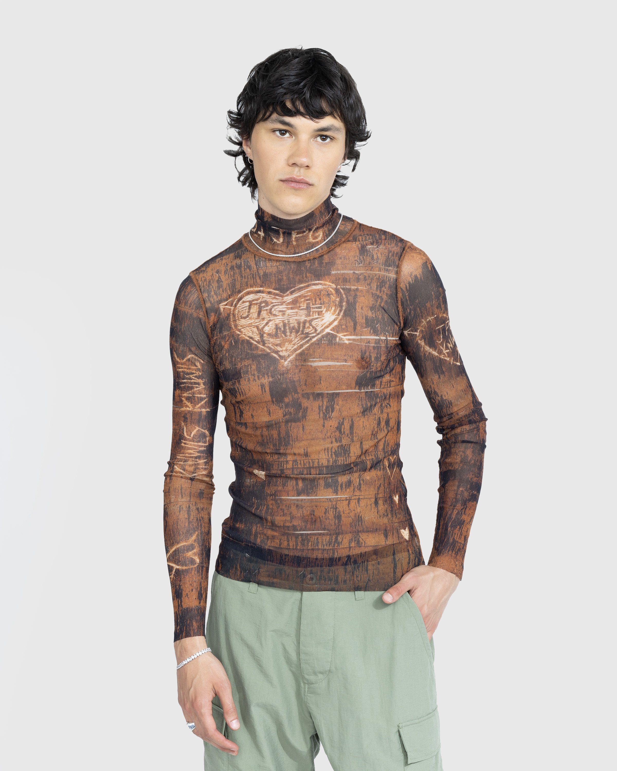 Jean Paul Gaultier - High Neck Longsleeve Printed Wood Top Brown/Ecru - Clothing - Brown - Image 2