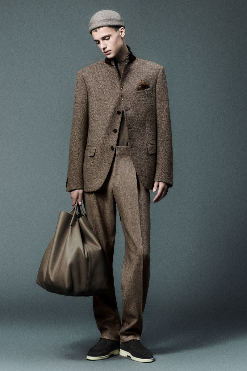A smart olive-coloured menswear look from Loro Piana FW24