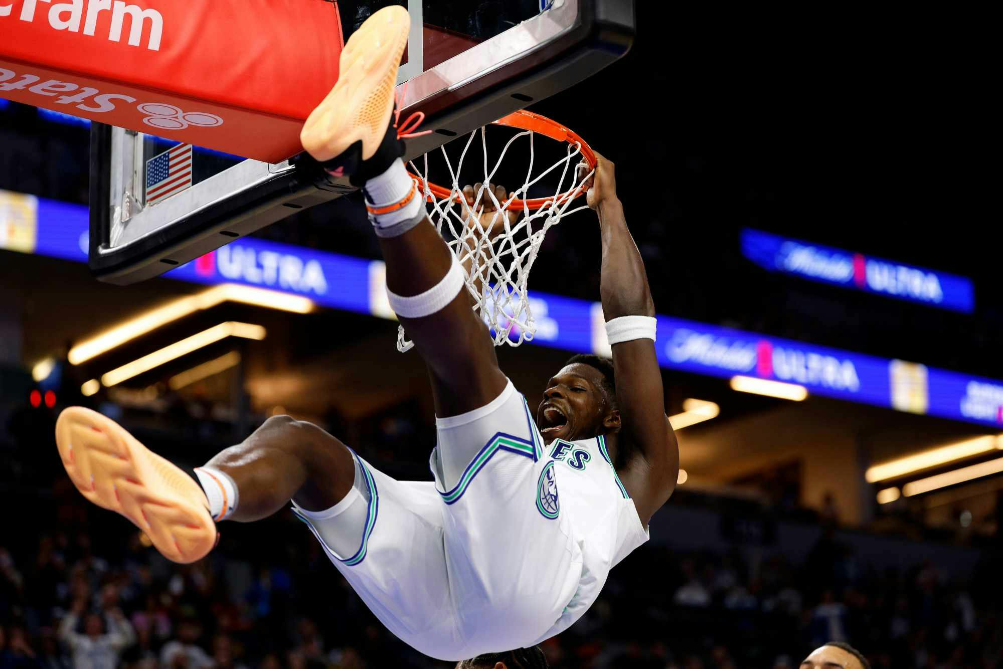 Anthony Edwards dunks wearing his adidas AE1 signature sneakers