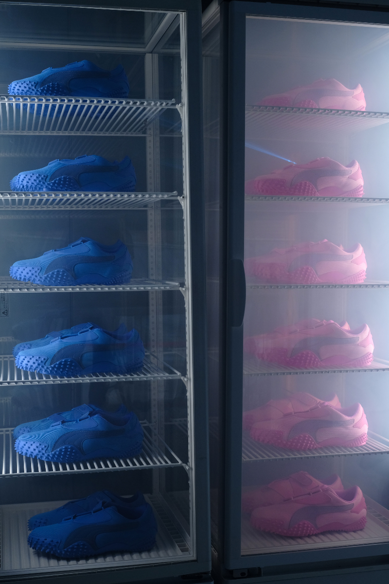 Futuristic PUMA shoes displayed in fridge-like installation