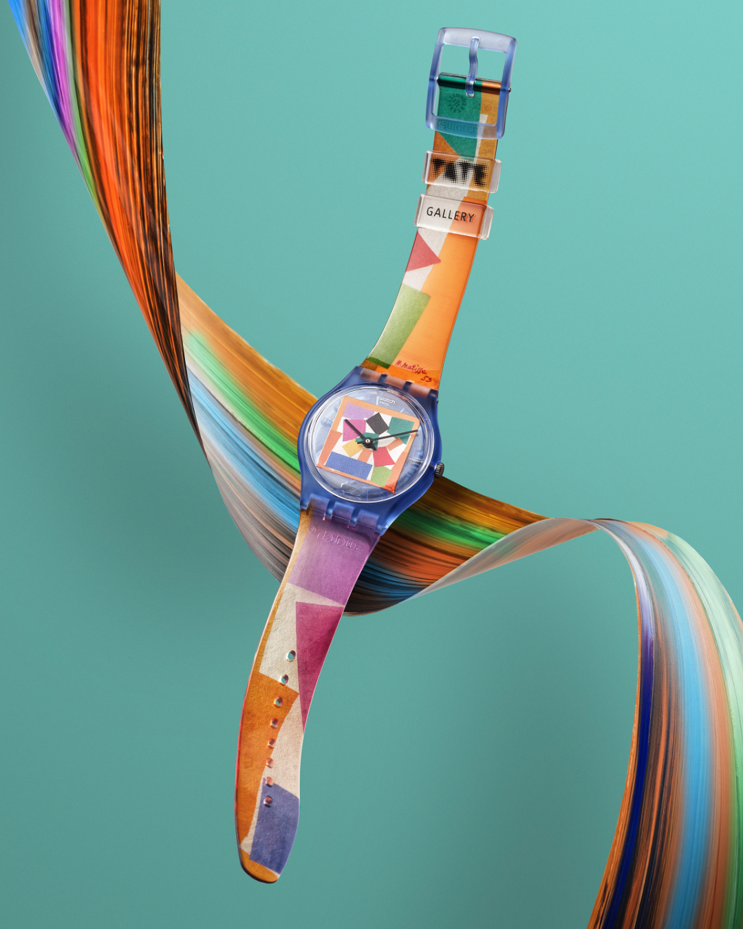 An artistically decorated watch in an orange and purplecolourway against a matching background