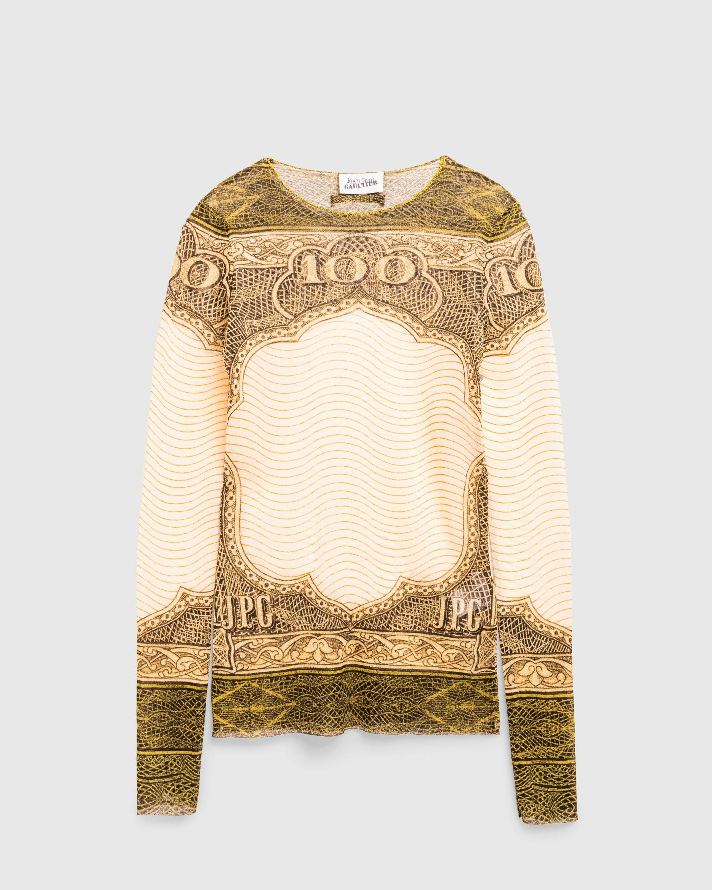 Jean Paul Gaultier - Crew Neck Long Sleeves Mesh Top Printed Cartouche Green/Ecru/Black/Orange - Clothing - Multi - Image 1