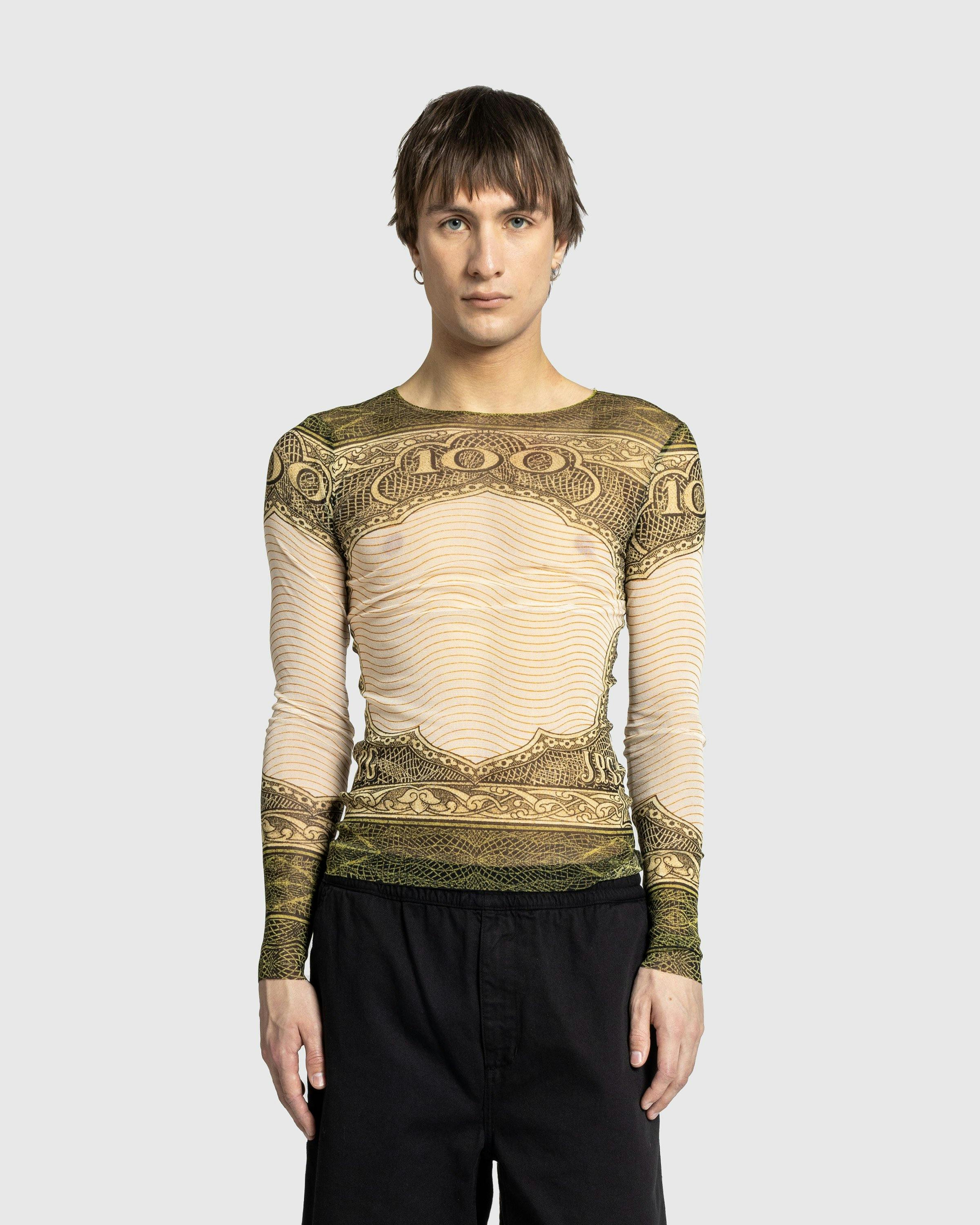 Jean Paul Gaultier - Crew Neck Long Sleeves Mesh Top Printed Cartouche Green/Ecru/Black/Orange - Clothing - Multi - Image 2