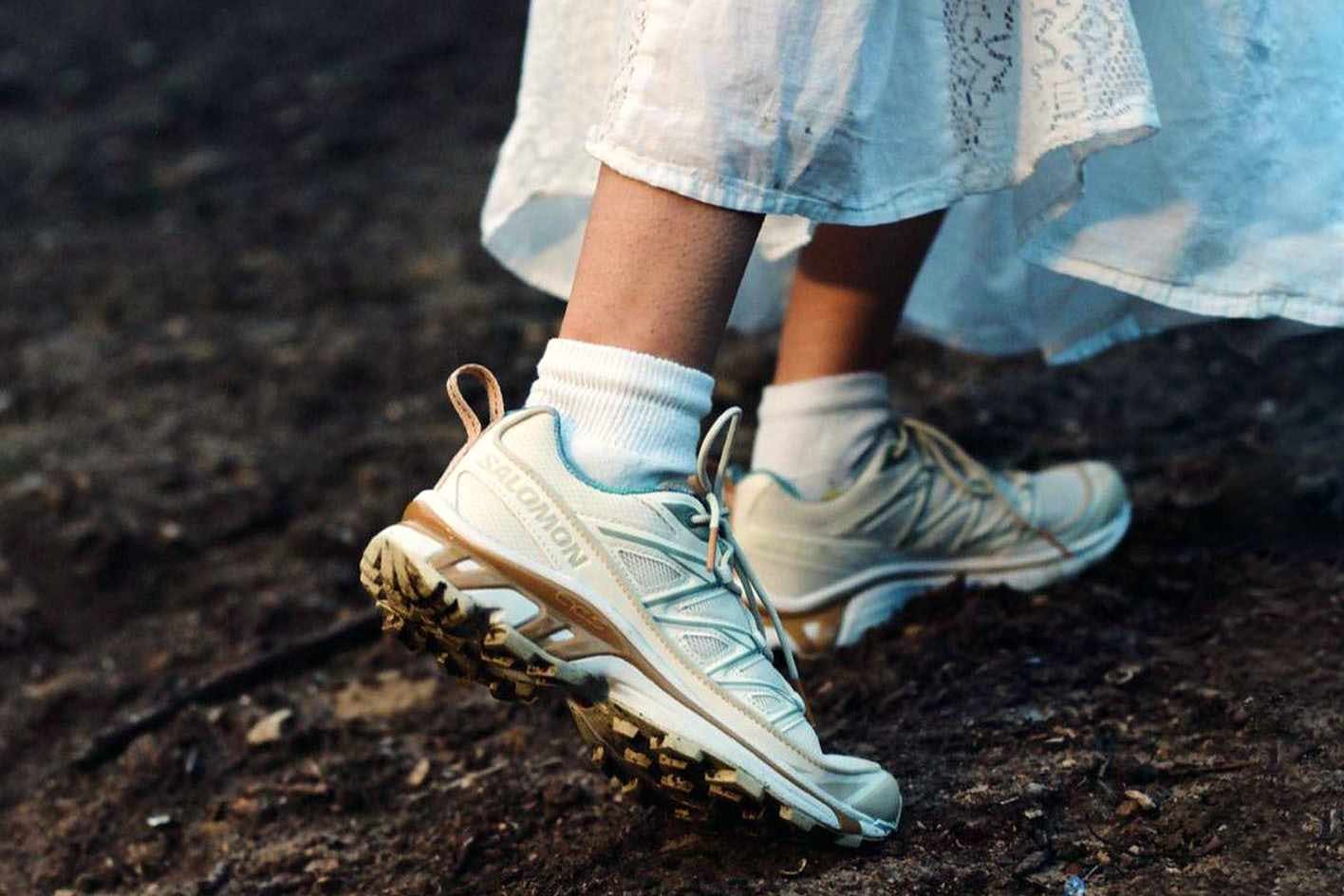 Salomon's cottagecore XT-6 sneaker worn with a white dress