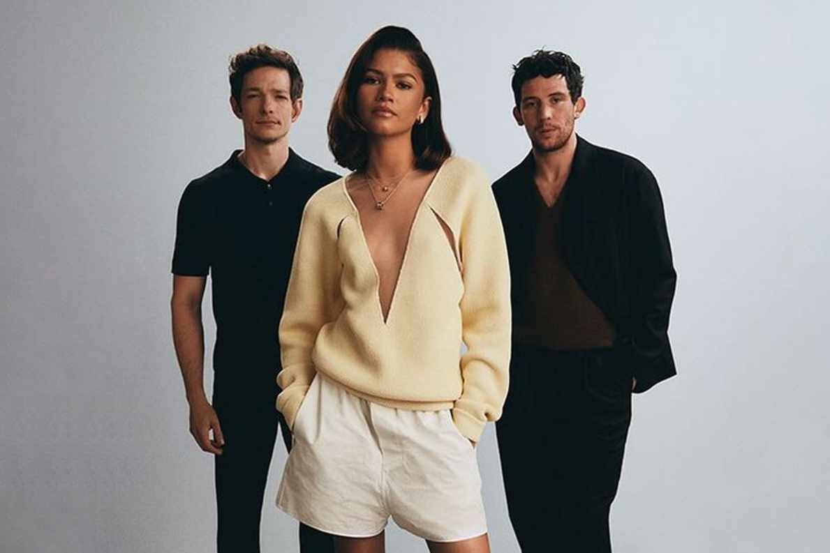 Challengers movie 2024 poster with Zendaya, Mike Faist, Josh O'Connor wearing JW Anderson of LOEWE's costumes