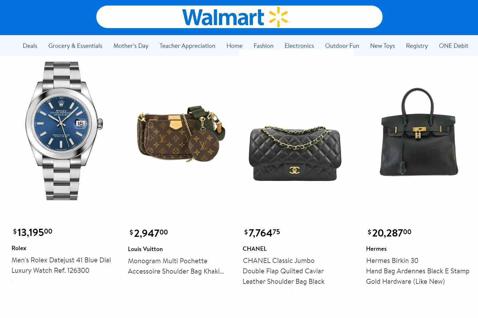Walmart's website, with hermes birkin bags & rolex watches listed for sale