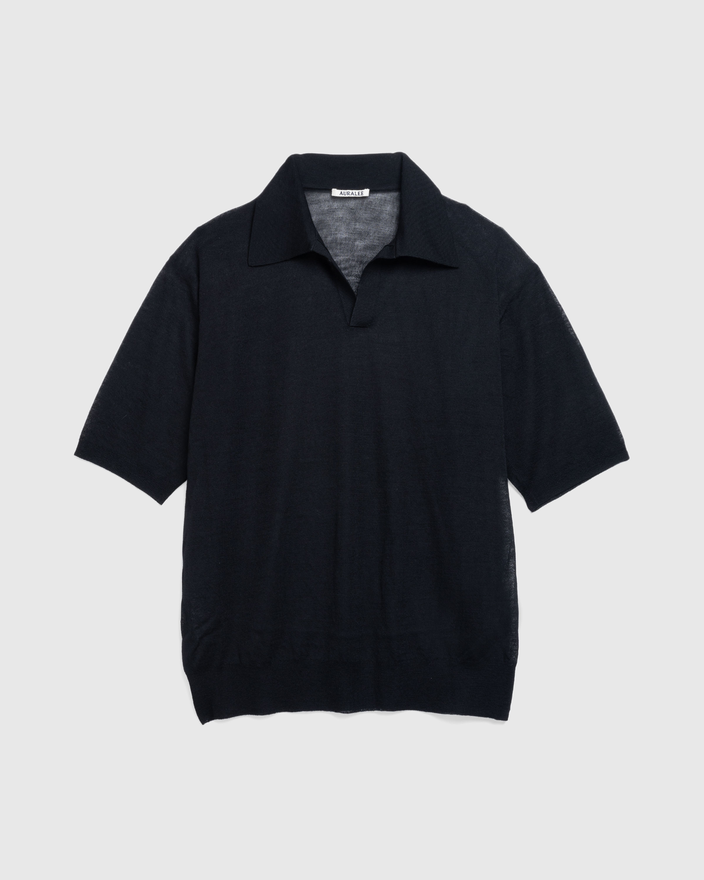Auralee – Hard Twist High Gauge Wool Silk Knit Skipper Polo Black - Tops - Black - Image 1