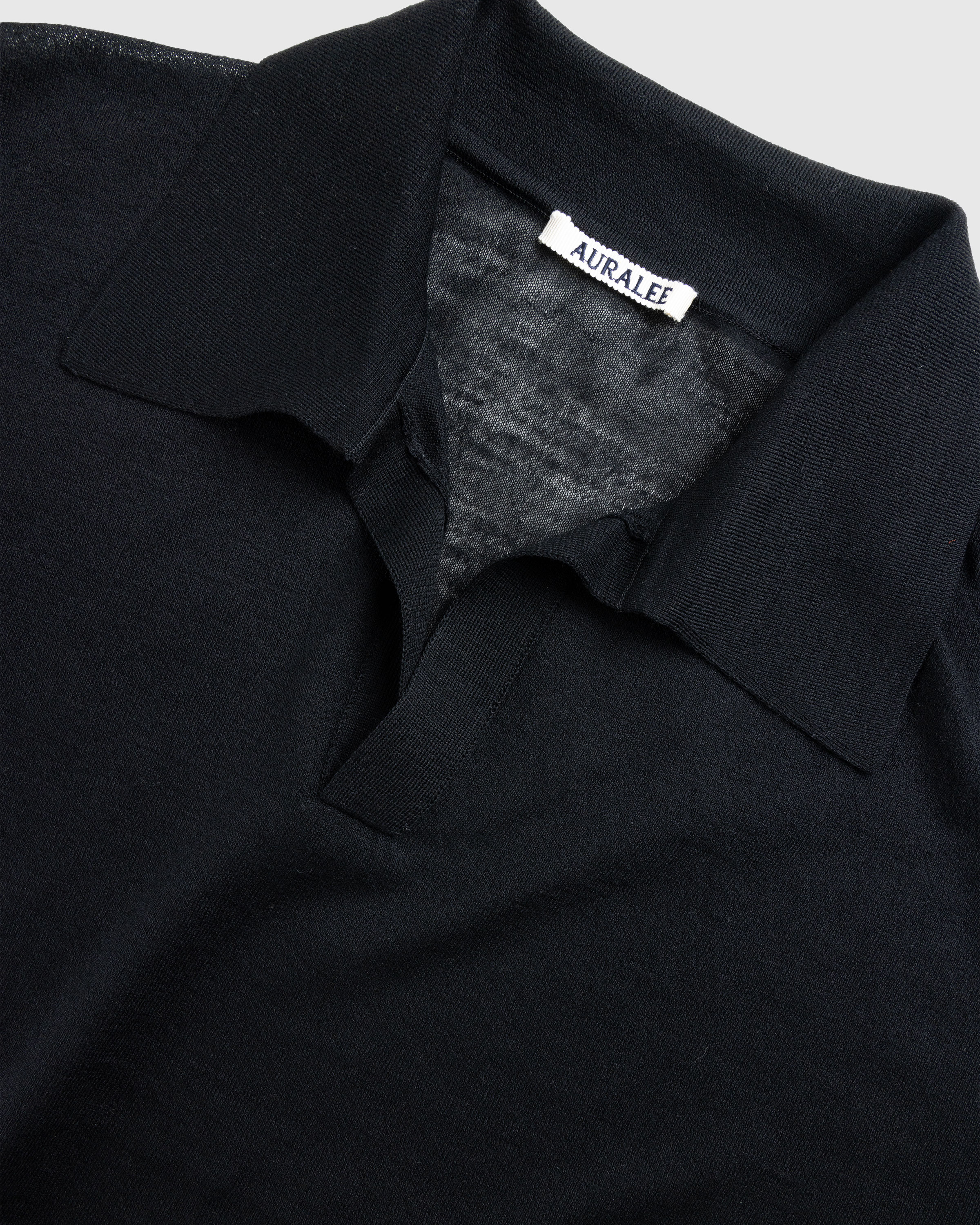 Auralee – Hard Twist High Gauge Wool Silk Knit Skipper Polo Black - Tops - Black - Image 7