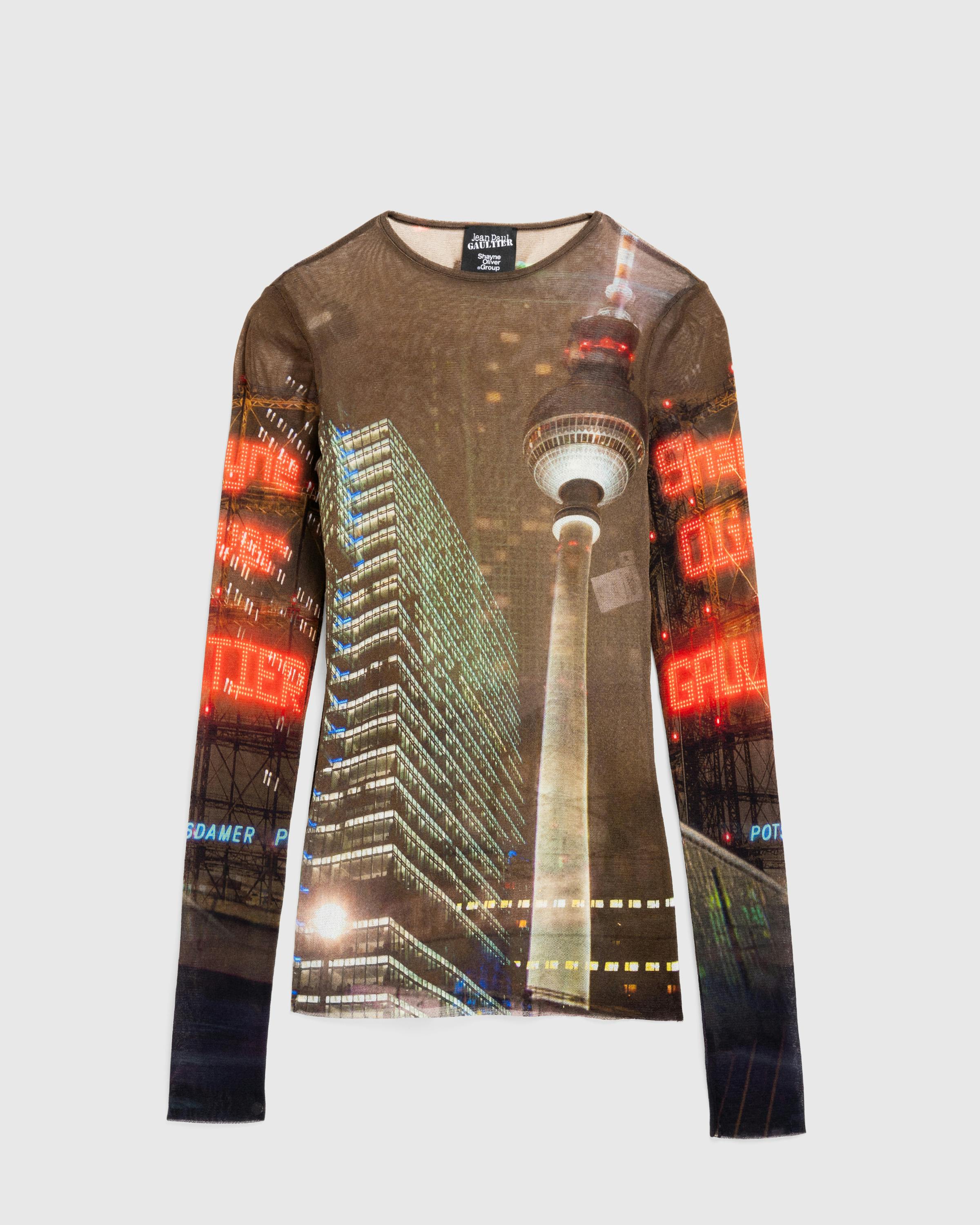 Jean Paul Gaultier x Shayne Oliver – Mesh Long-Sleeve Top Printed "City" Brown/Green/Blue/Red - Longsleeves - Brown - Image 1