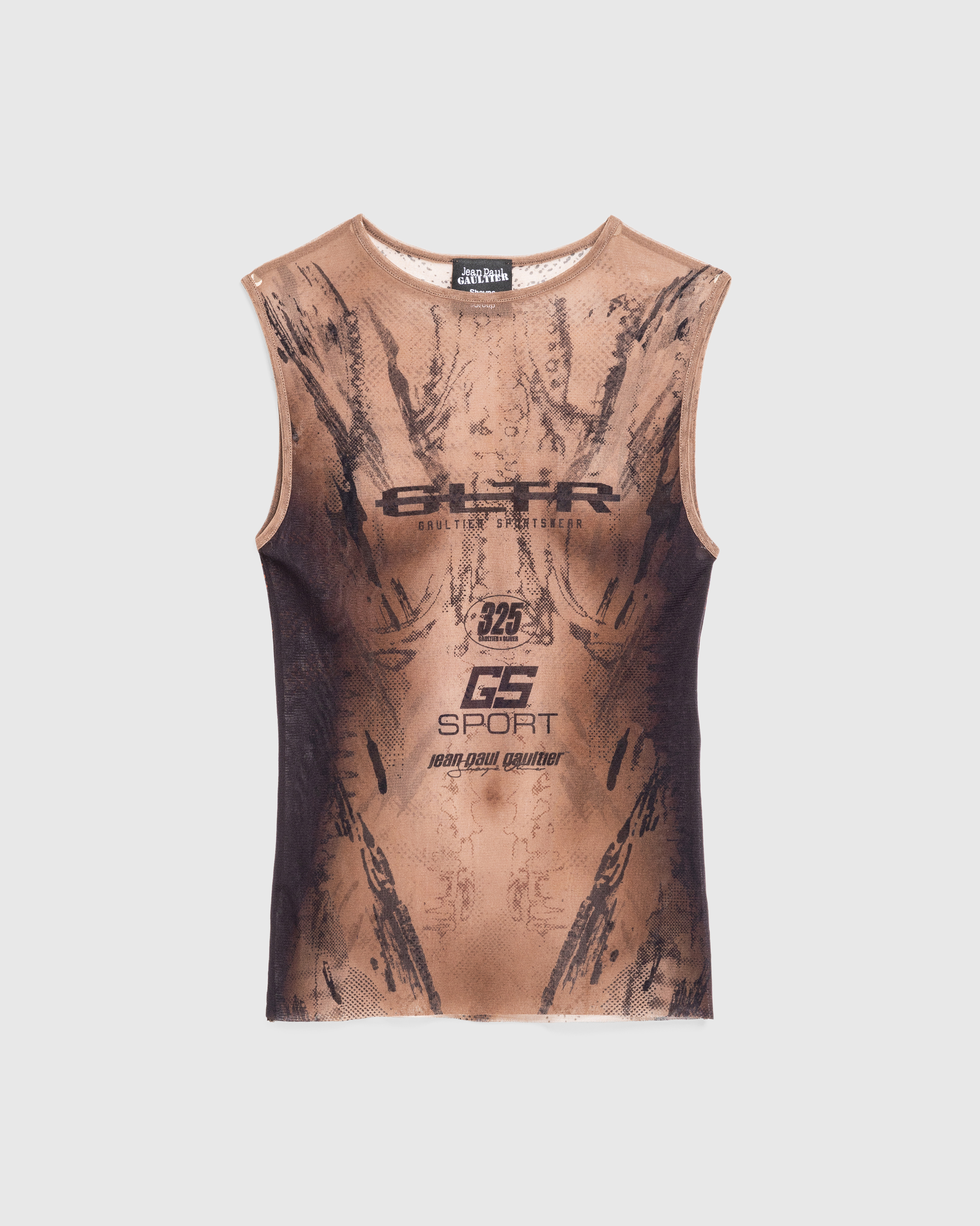 Jean Paul Gaultier x Shayne Oliver – Mesh Tank Top Printed "Body" Dark Nude/Black - Tank Tops - Beige - Image 1