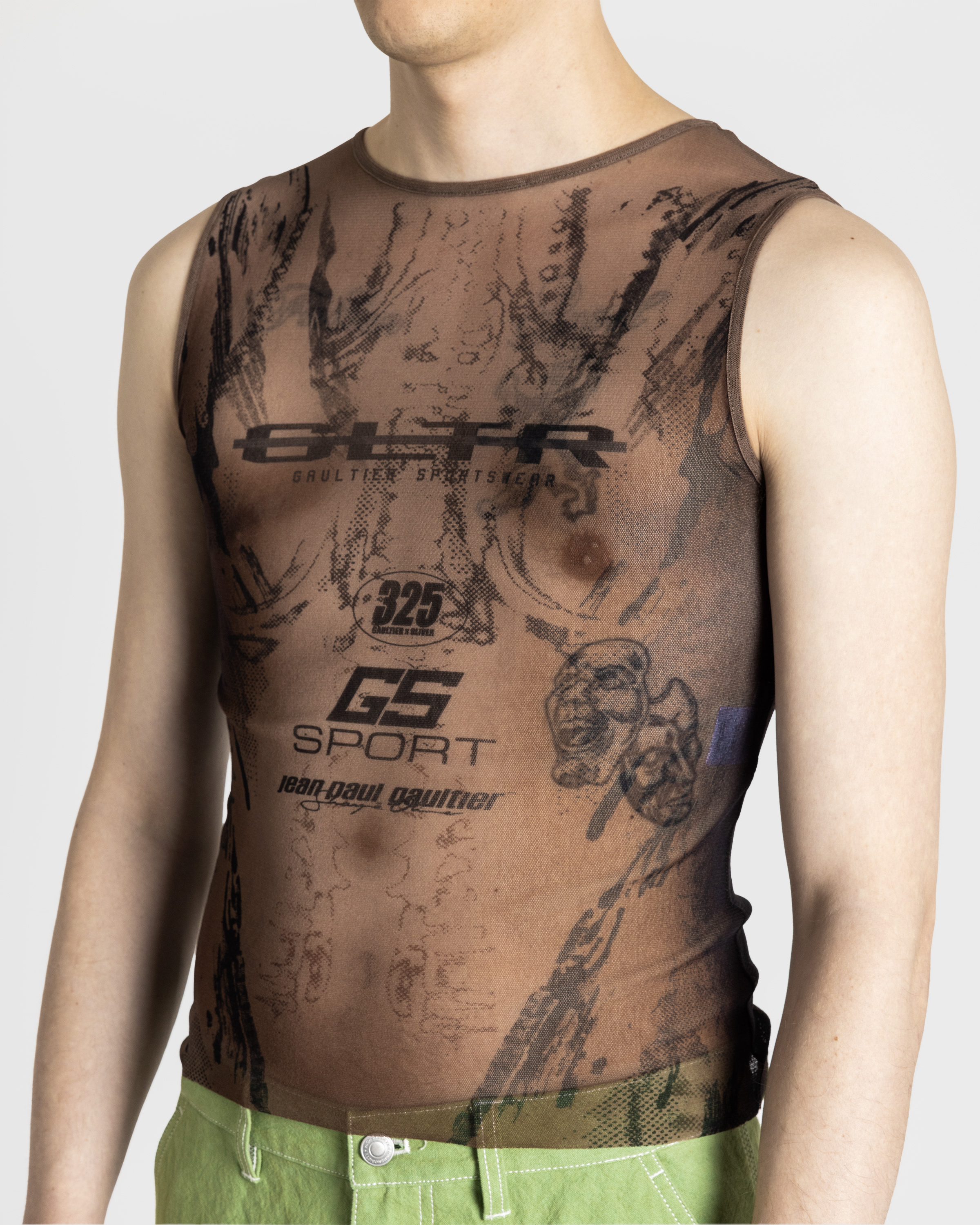 Jean Paul Gaultier x Shayne Oliver – Mesh Tank Top Printed "Body" Dark Nude/Black - Tank Tops - Beige - Image 5