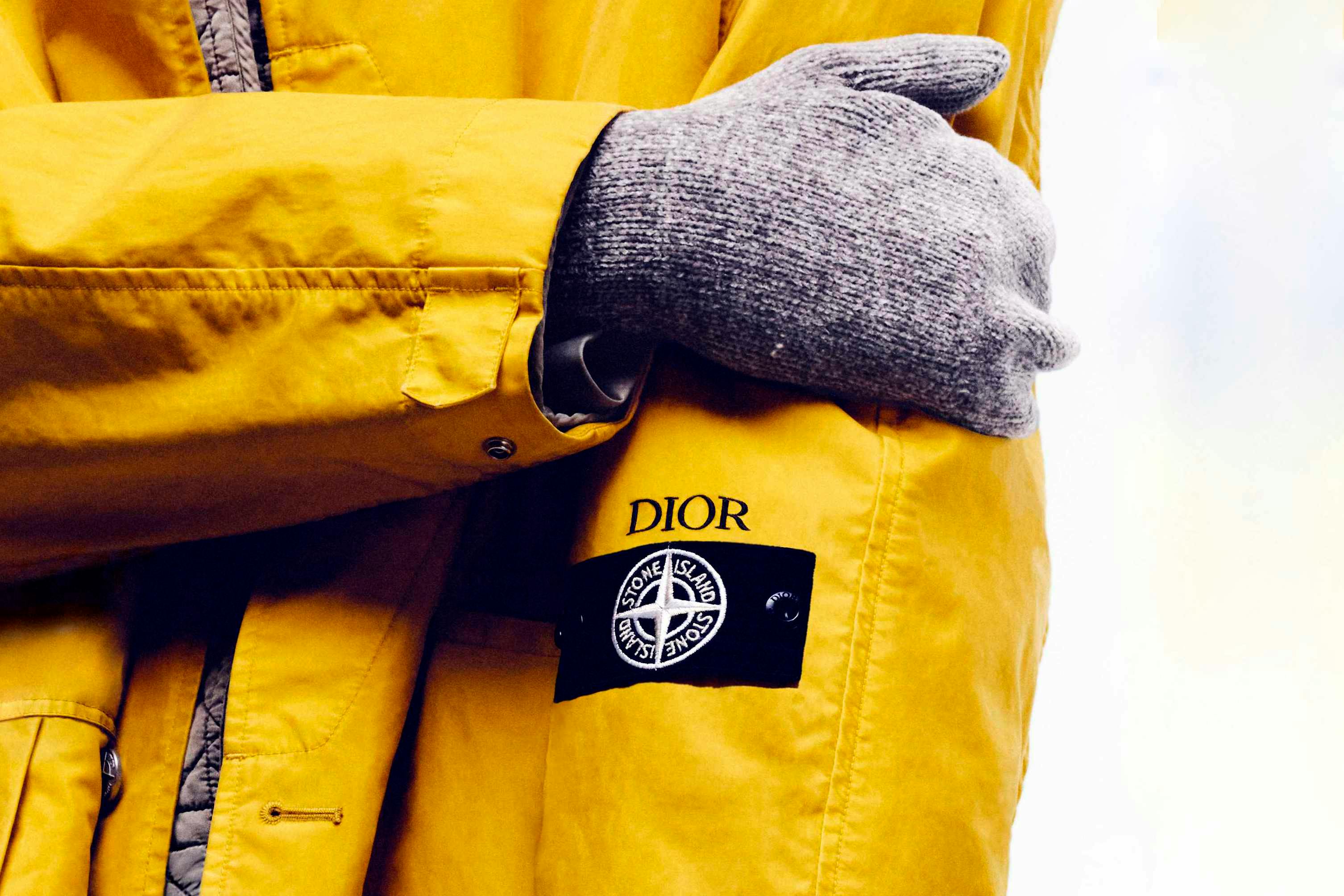 Dior x Stone Island yellow coat with black badge logo & green liner jacket