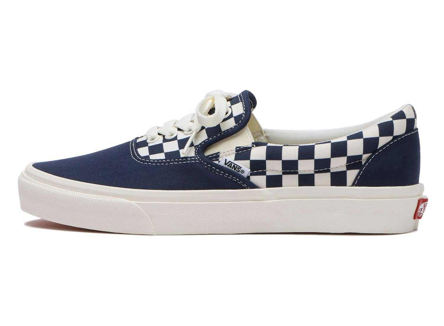 Vans' Erap sneaker that combines the Era and Slip-On sneakers in blue, black, and yellow checkerboard