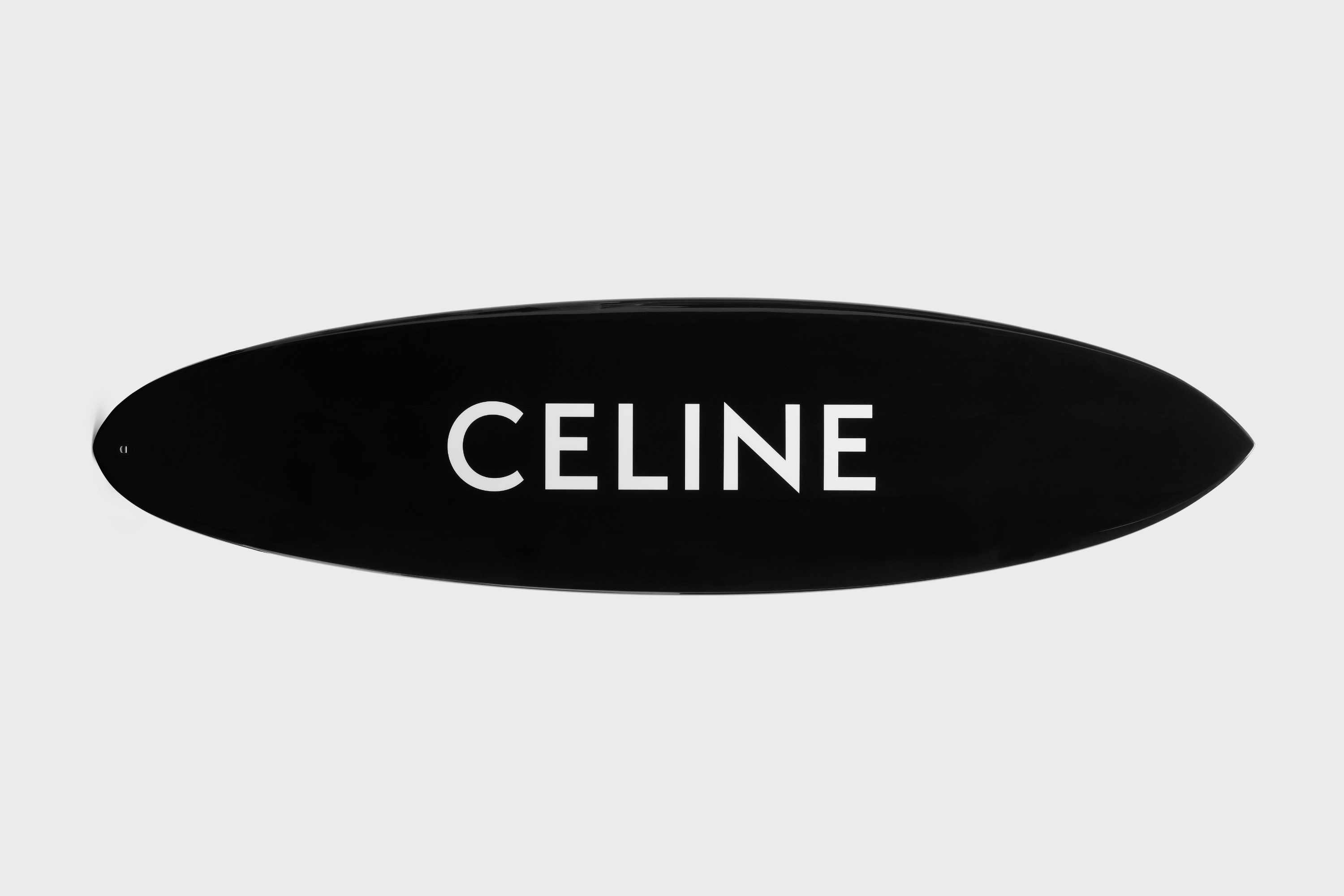 CELINE's Surf menswear capsule, including shirts, glasses, shoes, sneakers, bags, and surfboard