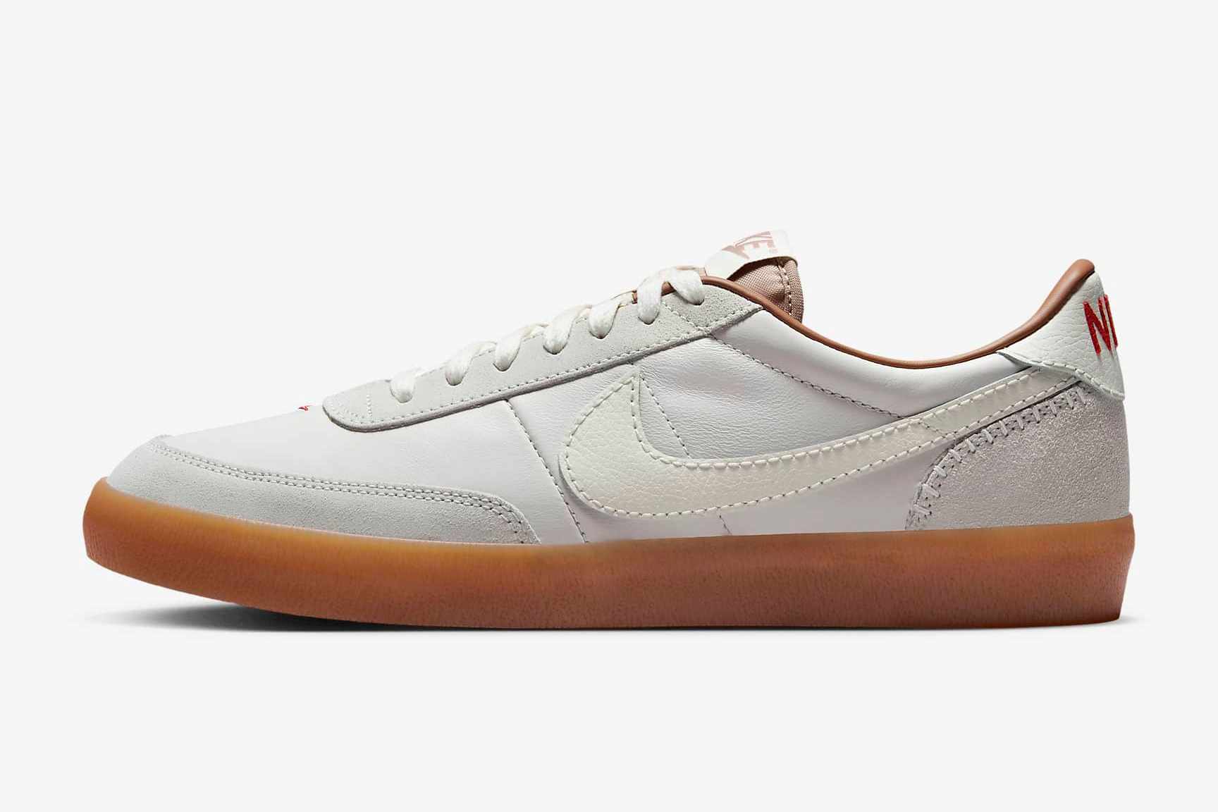 Nike's Killshot 2 sneaker in a grey colorway with stitching on the heel