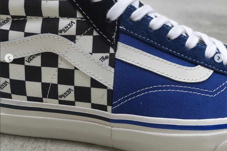 Vans' Clash the Wall patchwork sneaker with checkerboard upper and blue suede pattern