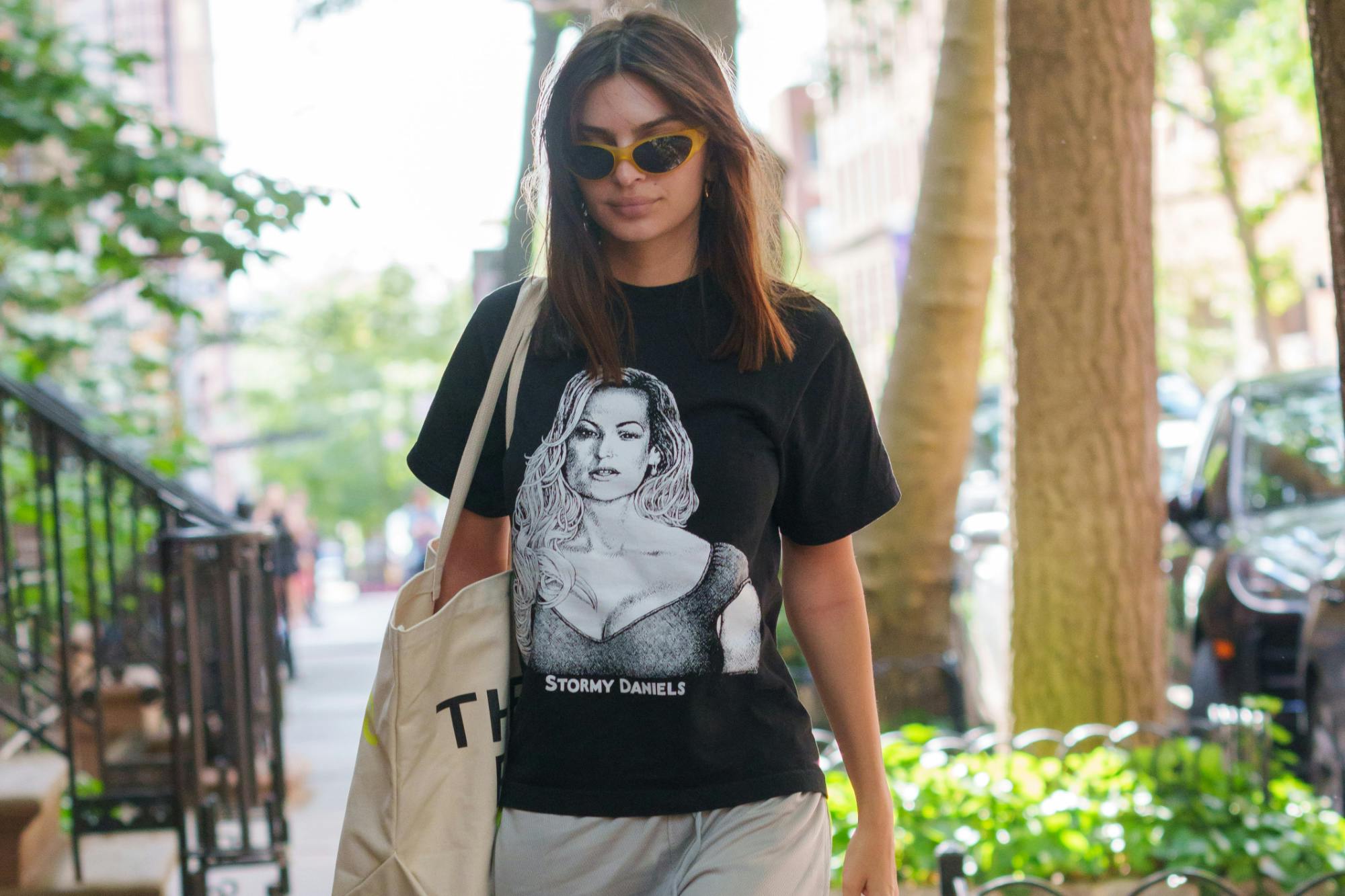 Emily Ratajkowski wearing a Stormy Daniels T-shirt during Donald Trump trial