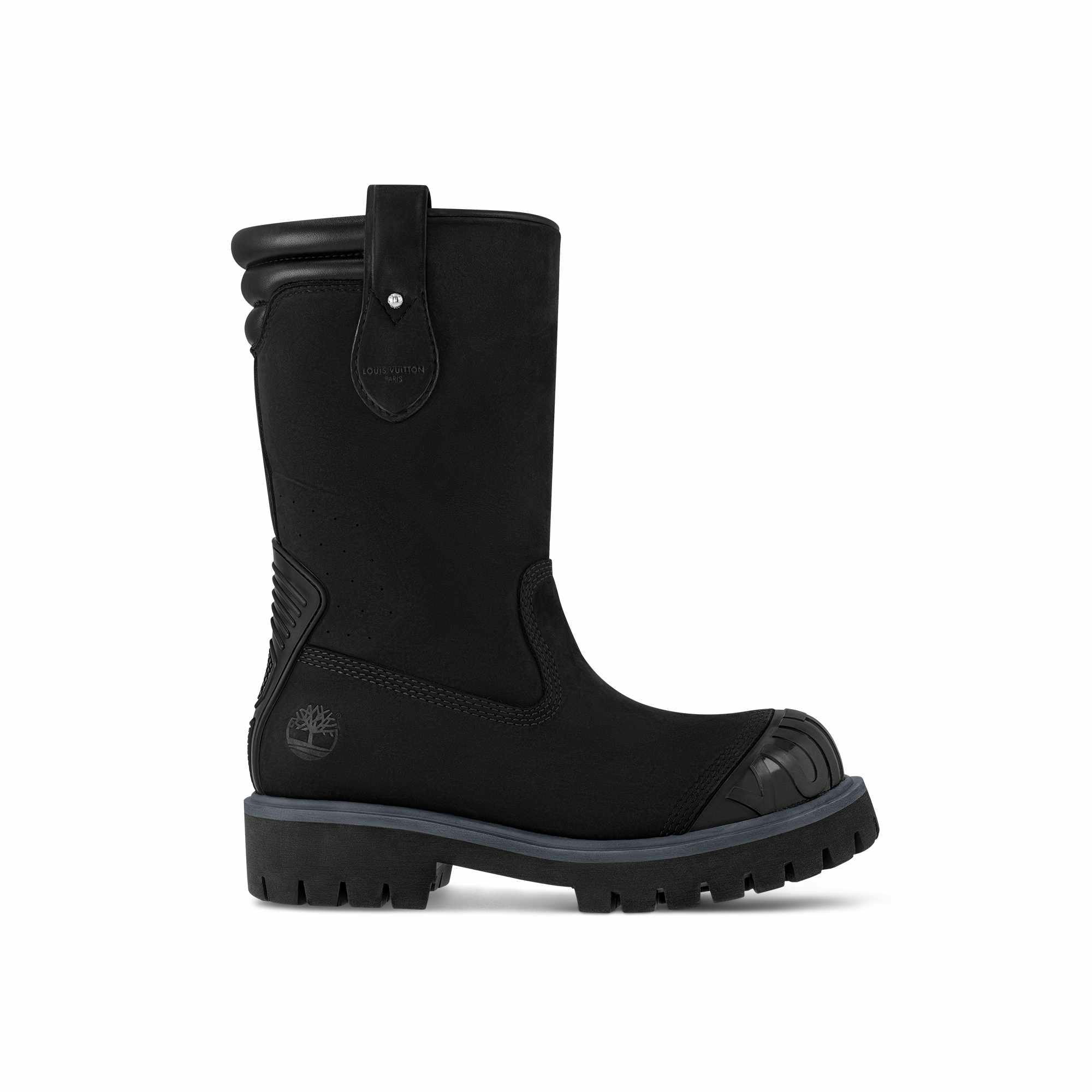 Louis Vuitton's Timberland boot collab revealed by Pharrell Williams, including beige and black 6" leather boots and ranger-style pull ons in Louis Vuitton-monogrammed boxes