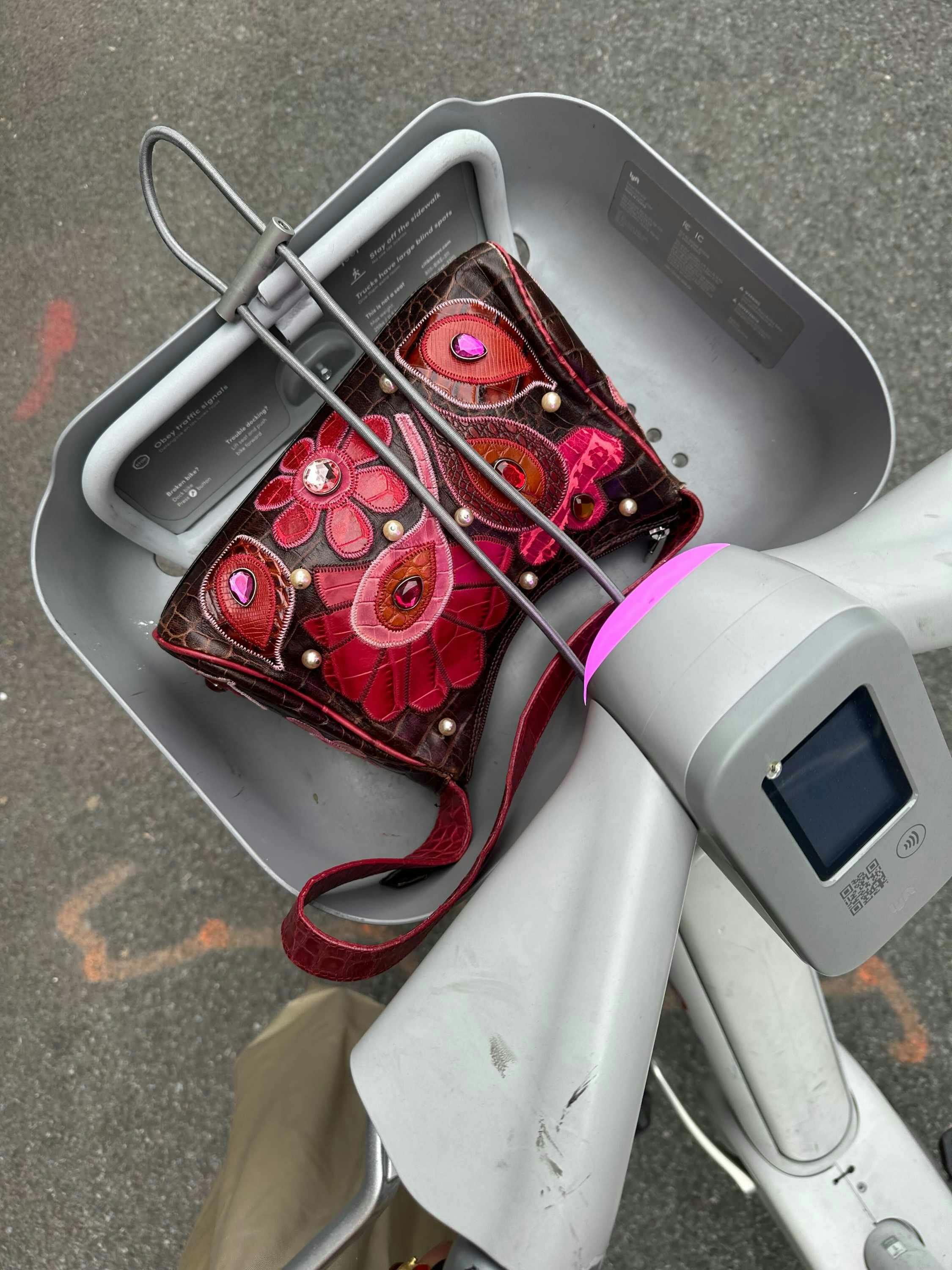 Citibike baskets accessorized with magazines, shoes, sunglasses