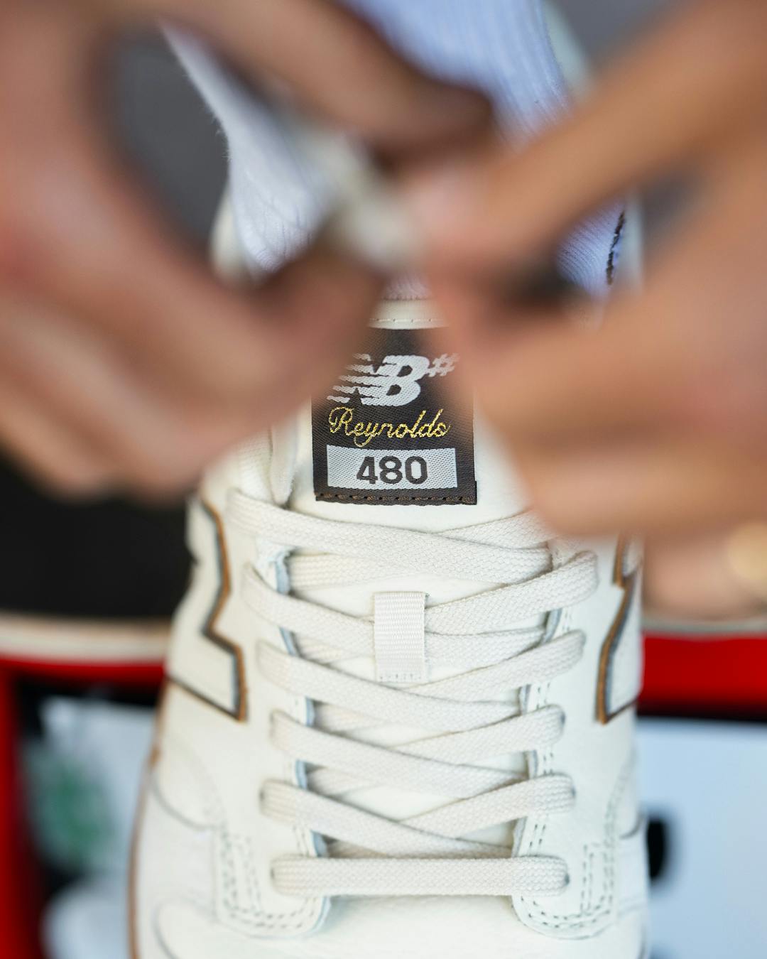 New Balance' 480 sneaker remixed by Andrew Reynolds in beige leather with a gum sole