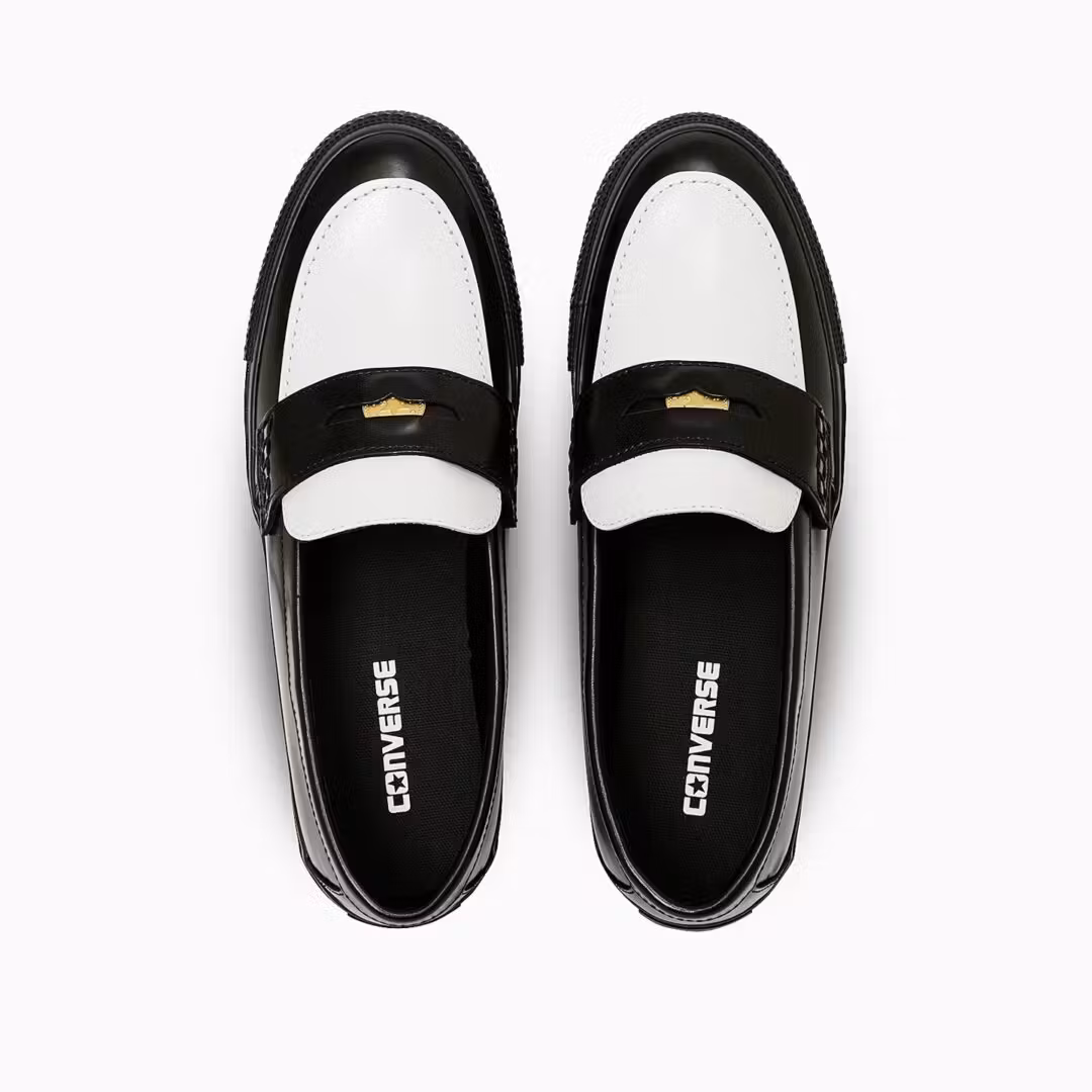 converse skate loafer penny slipon sneaker in black and white leather