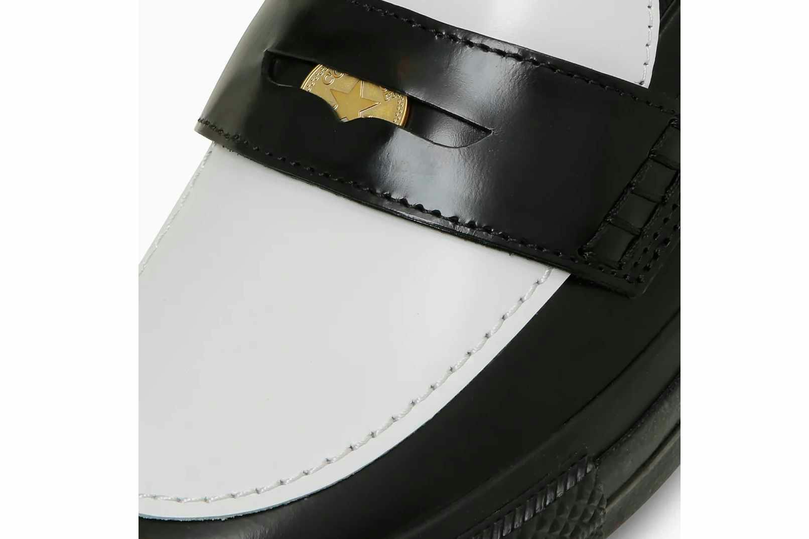converse skate loafer penny slipon sneaker in black and white leather