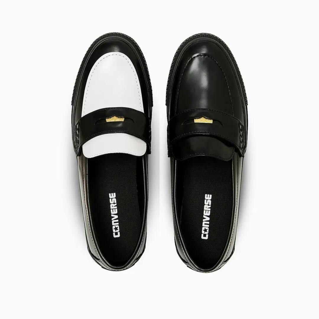 converse skate loafer penny slipon sneaker in black and white leather