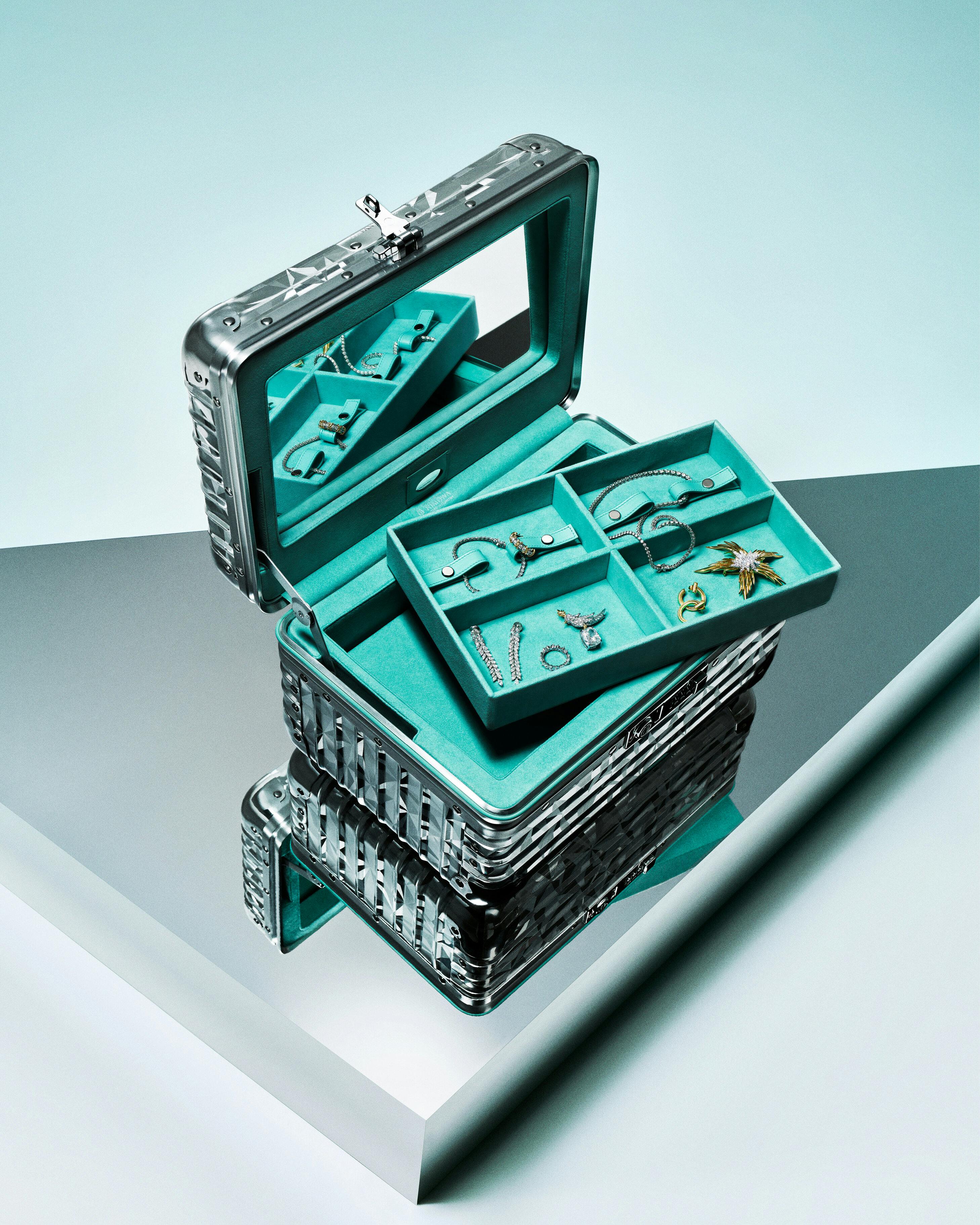 Campaign imagery of RIMOWA's Tiffany & Co. luggage collaboration