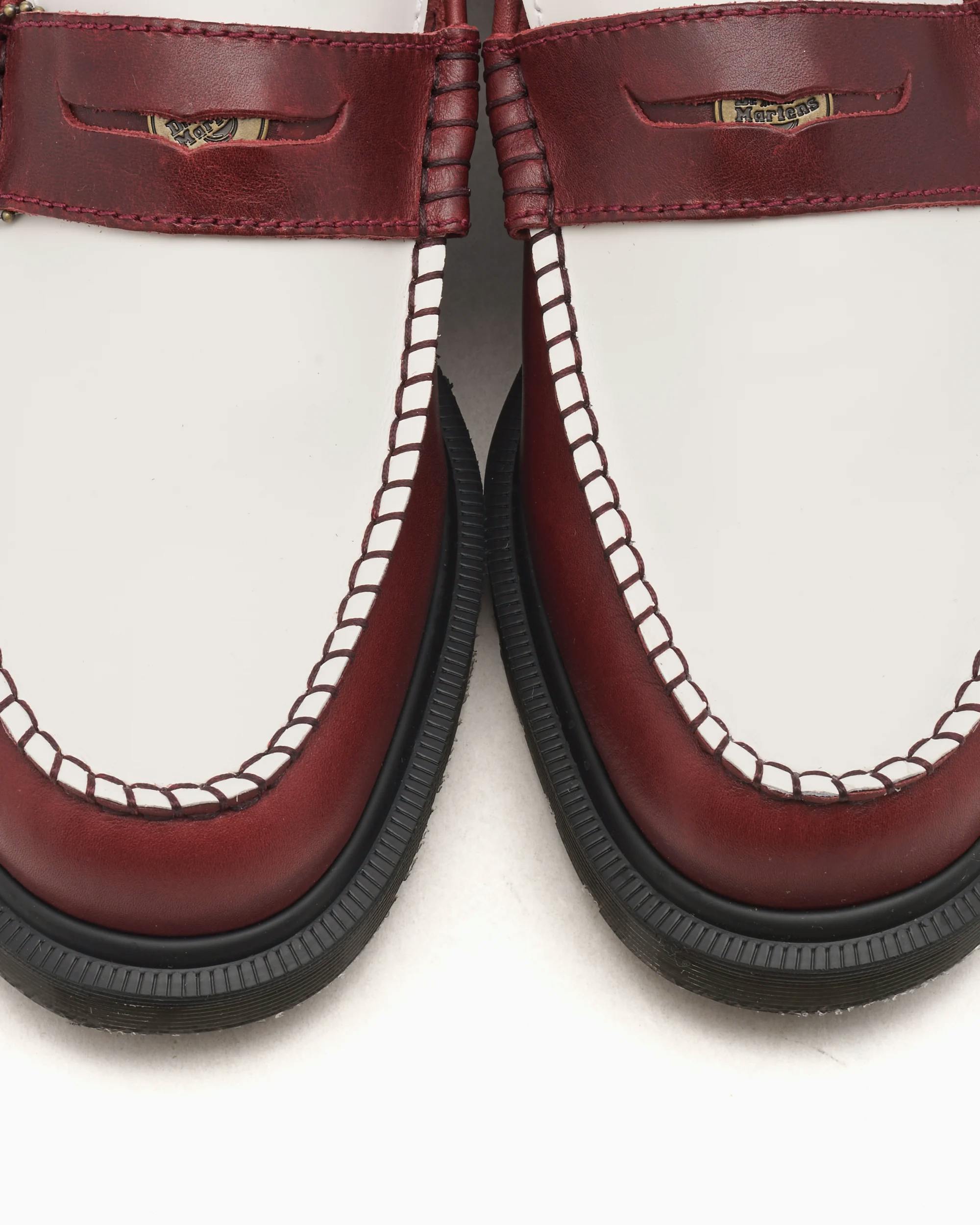 Dr. Martens Penny Loafer in Burgundy, white leather, handmade leather loafers, Dr. Martens Loafers