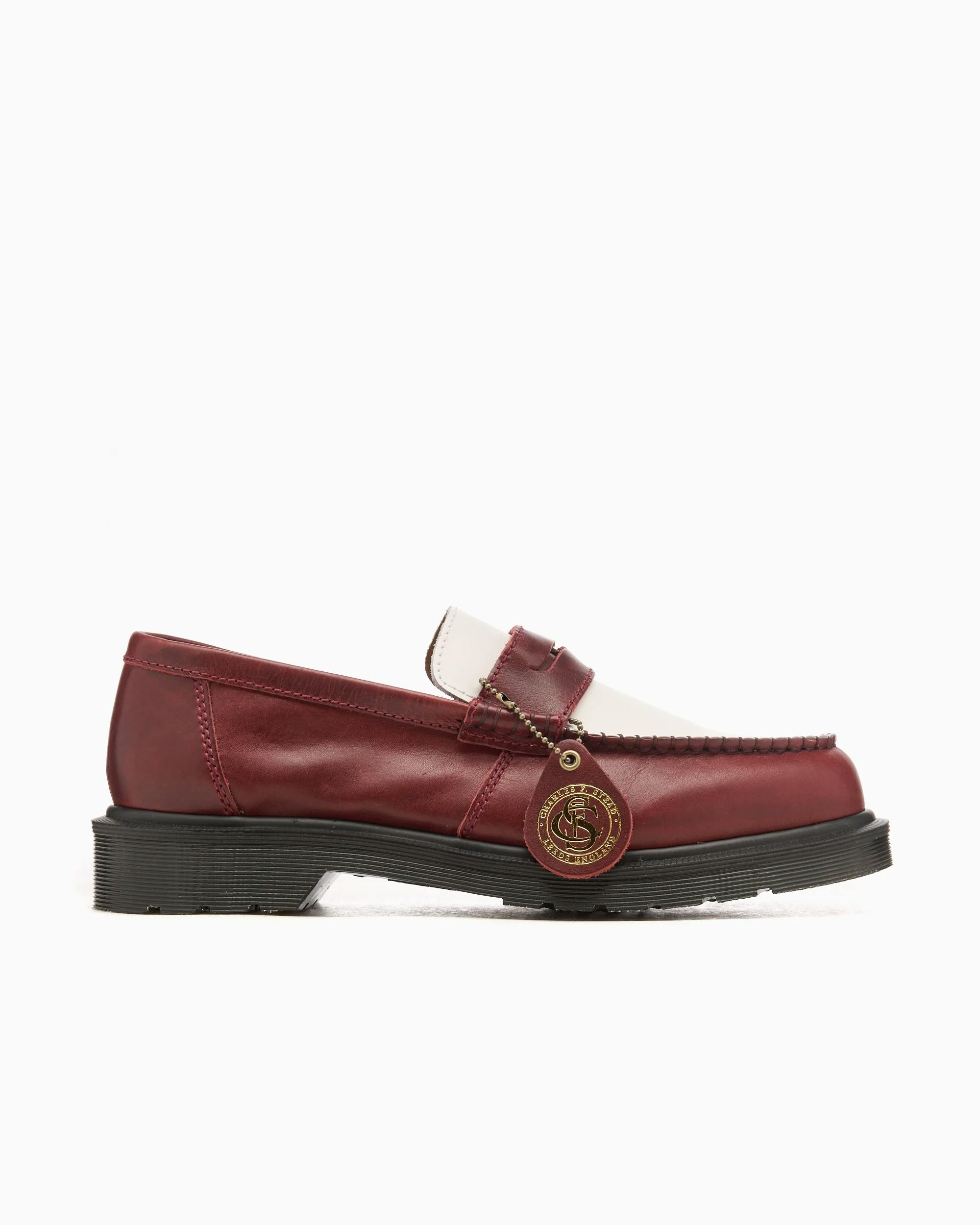 Dr. Martens Penny Loafer in Burgundy, white leather, handmade leather loafers, Dr. Martens Loafers