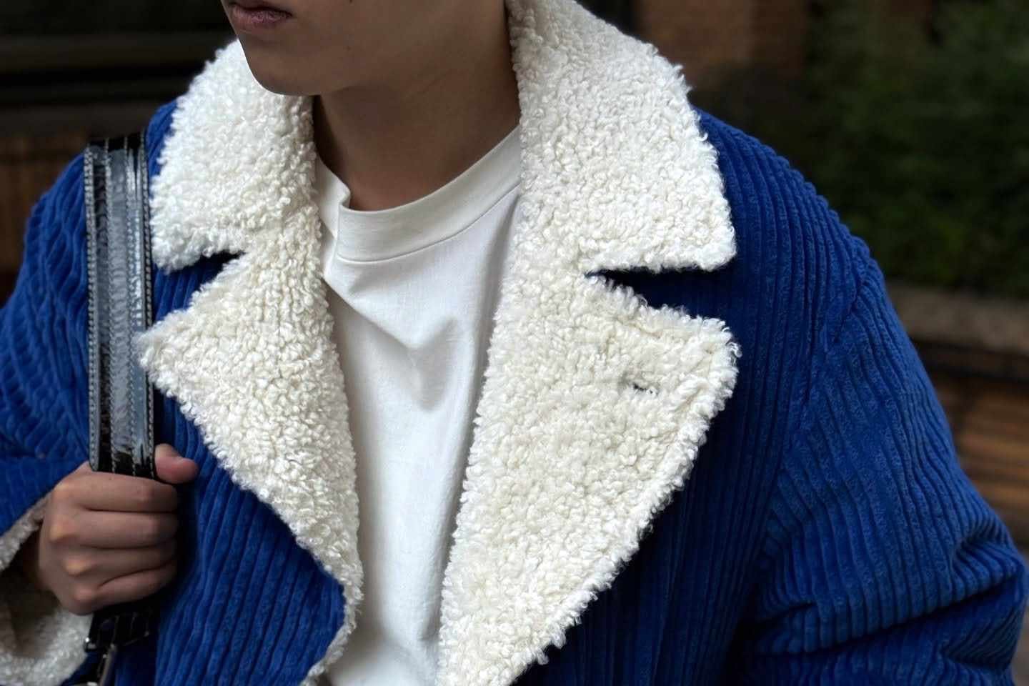 shinya kozuka breakfast coat in blue corduroy and fleece