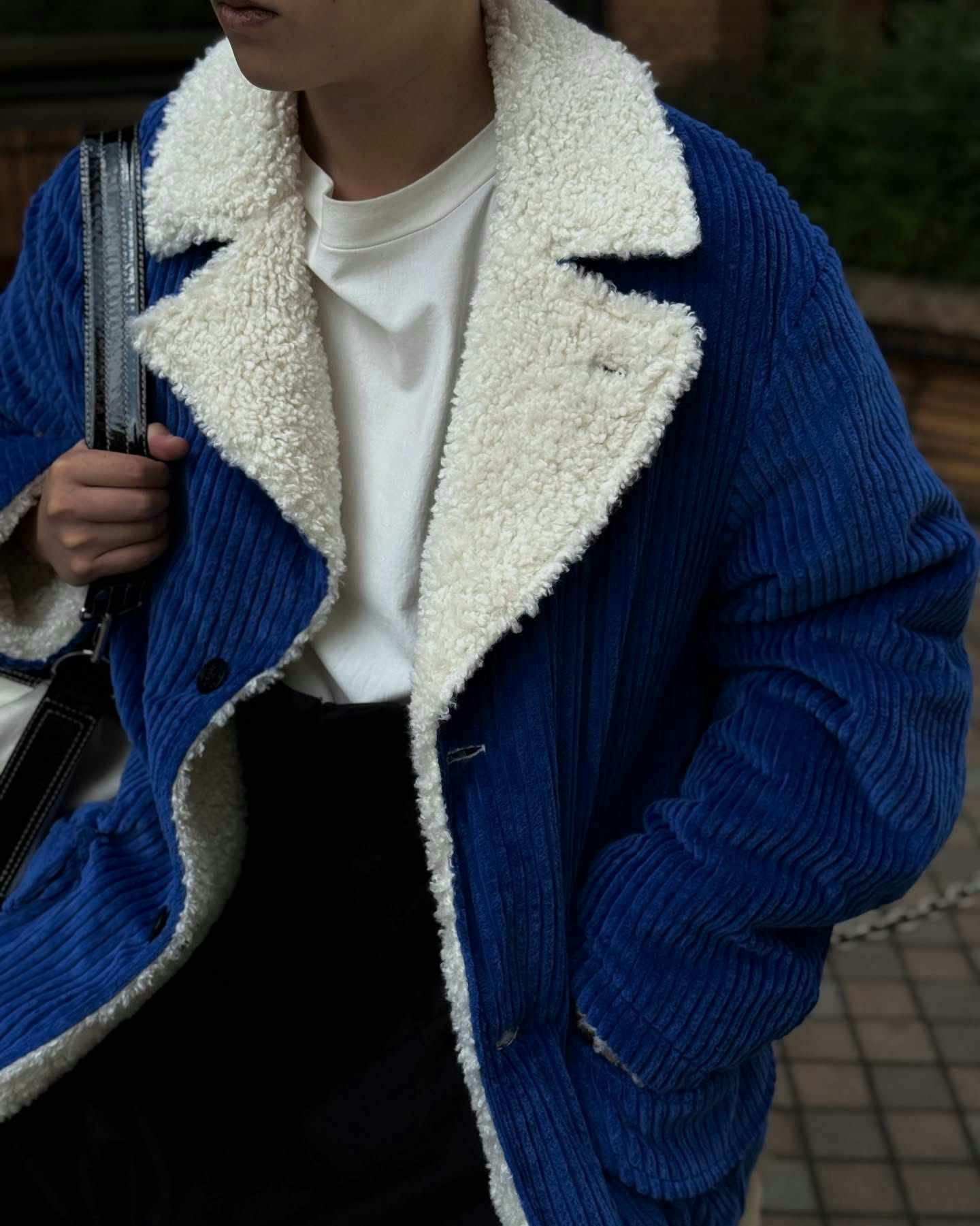 shinya kozuka breakfast coat in blue corduroy and fleece
