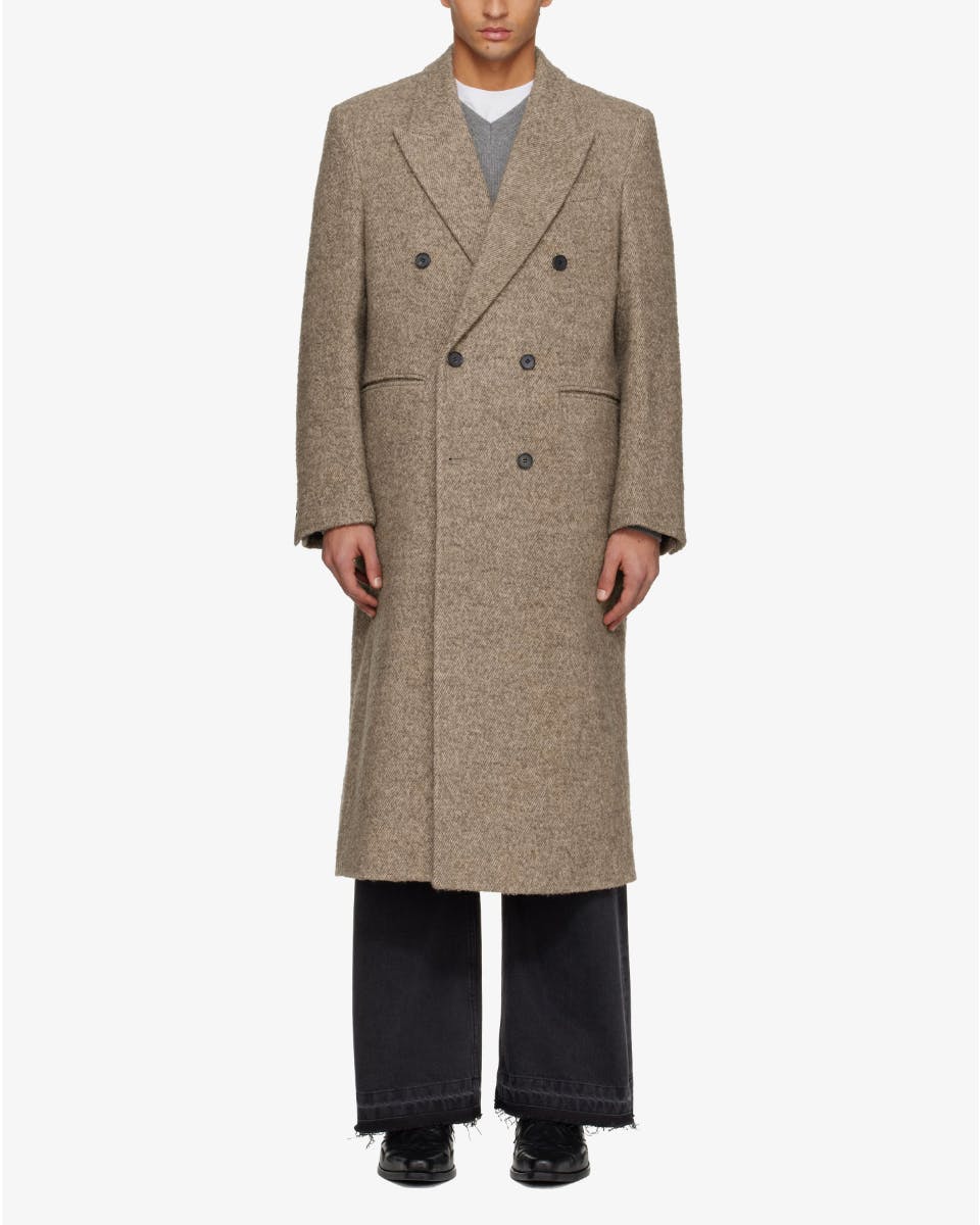 Beige Textured Wool & Alpaca Double-Breasted Coat