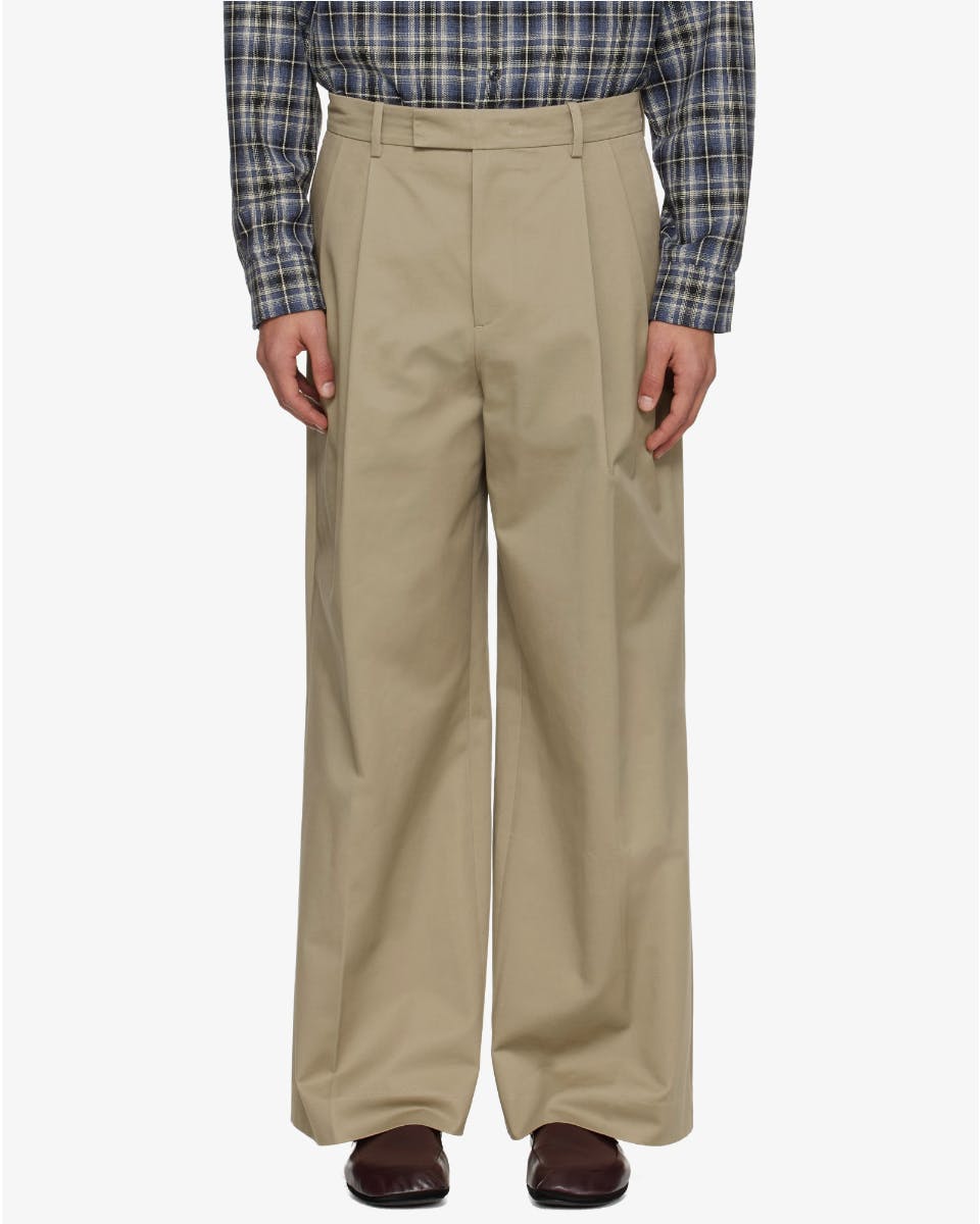 Beige Cotton Drill Wide Leg Pleated Trousers