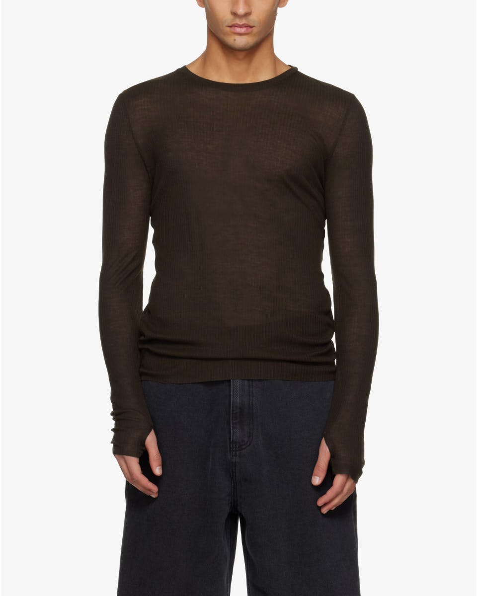 Brown Sheer Wool Ribbed Knit T-shirt