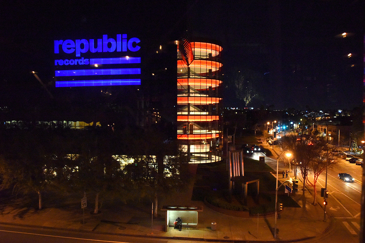 A view of Pacific Design Center at a celebration of music with Republic Records