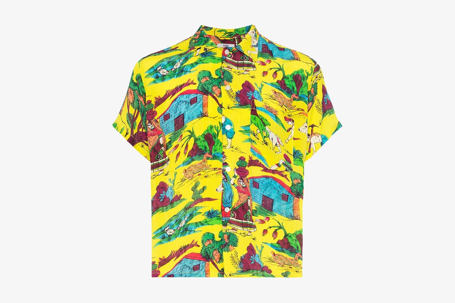 Village Scene Print Silk Bowling Shirt