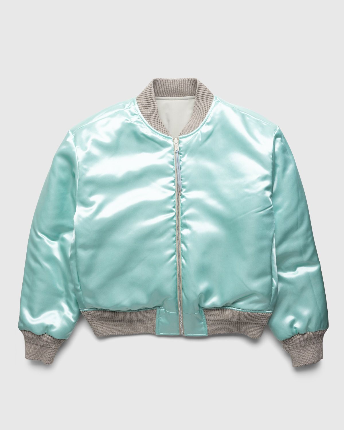 White Satin Baseball Jacket with Green Pockets and Knit Lines